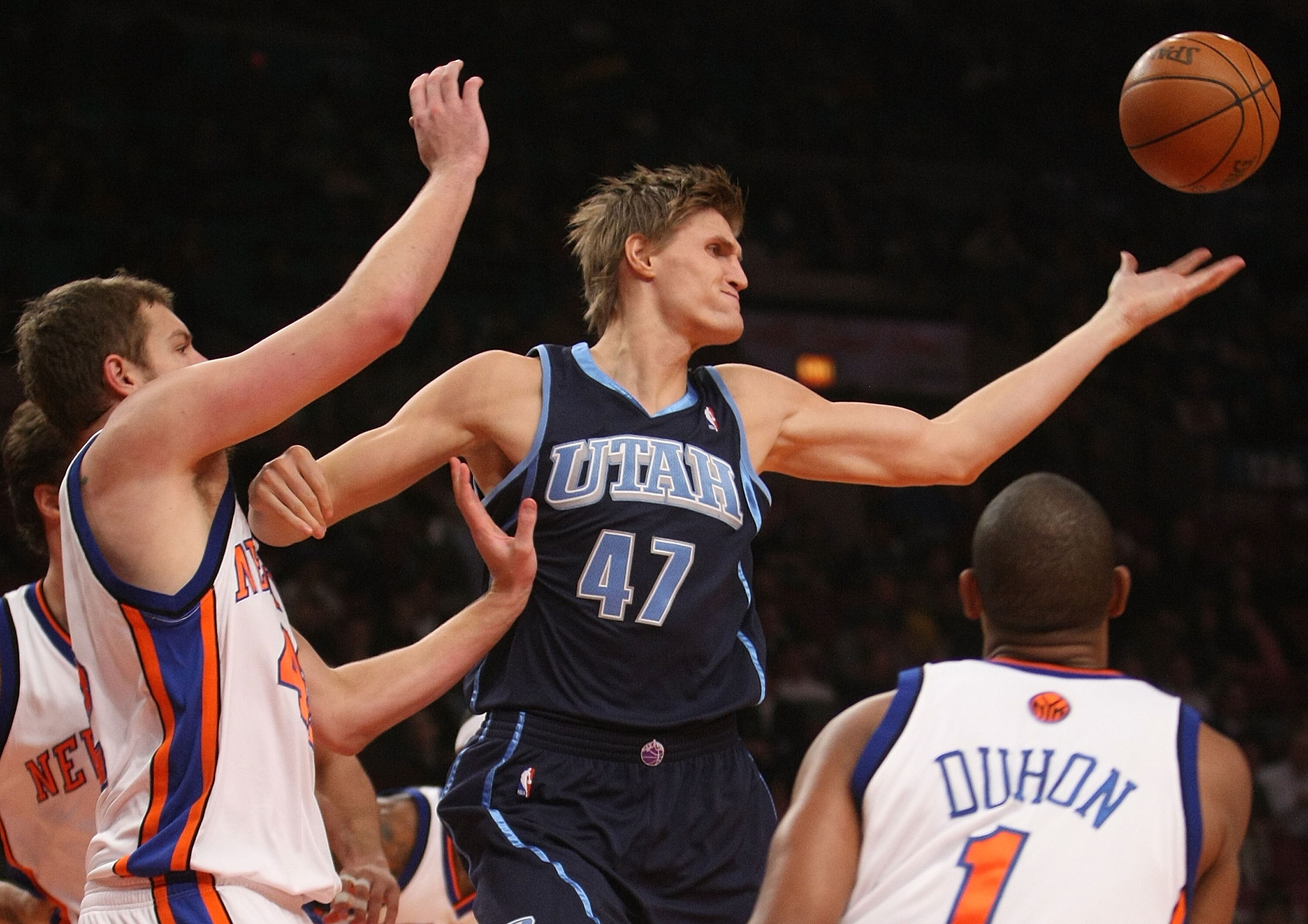 NEW YORK - NOVEMBER 09: Andrei Kirilenko #47 of the Utah Jazz loses control of the ball against the New York Knicks at Madison Square Garden on November 9, 2009 in New York City.  NOTE TO USER: User expressly acknowledges and agrees that, by downloading a