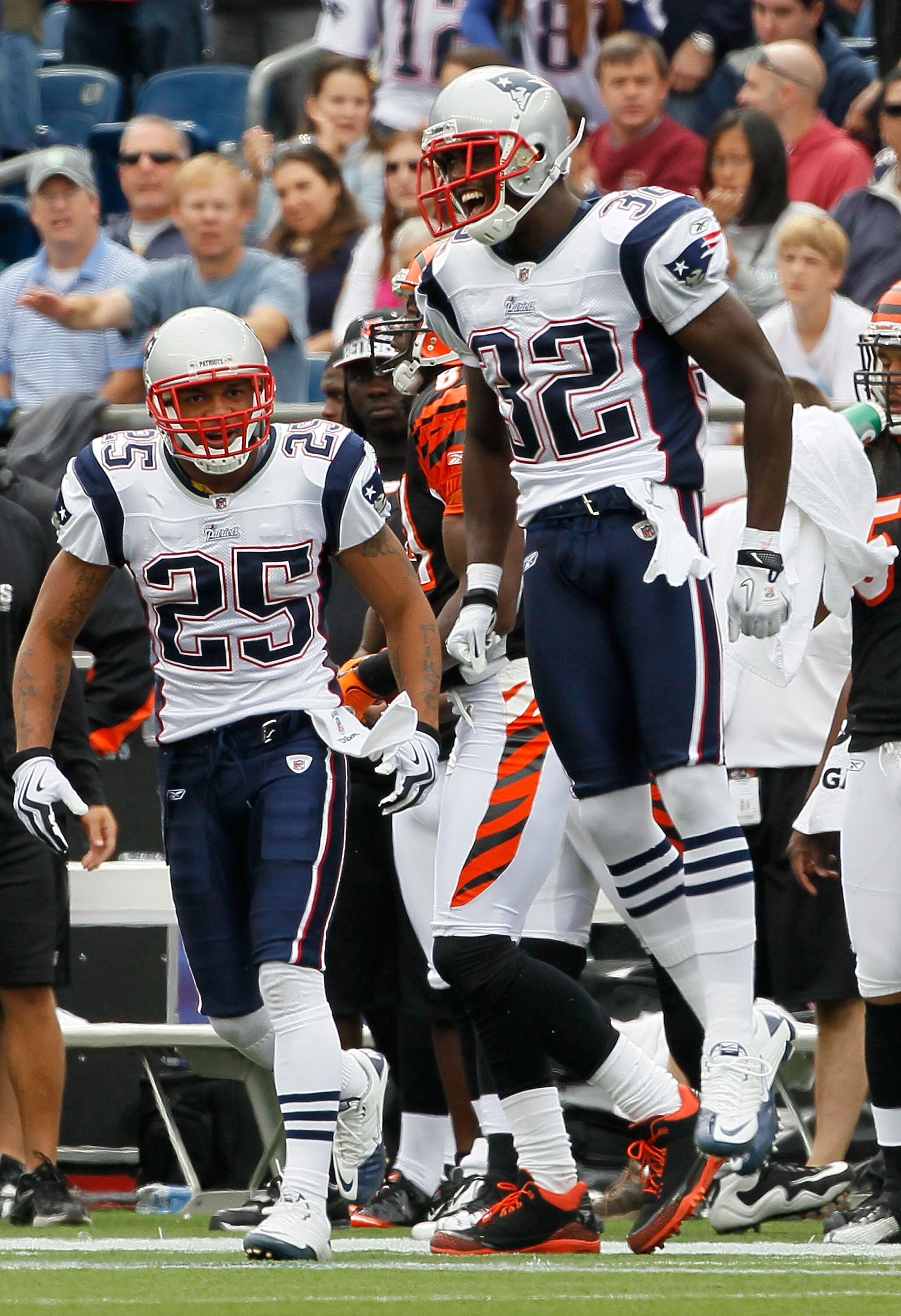 FOXBORO, MA - SEPTEMBER 12: Devin McCarthy #32 of the New England Patriots reacts after knocking down a pass intended for Terrell Owens #81 of the Cincinnati Bengals during the NFL season opener  at Gillette Stadium on September 12, 2010 in Foxboro, Massa
