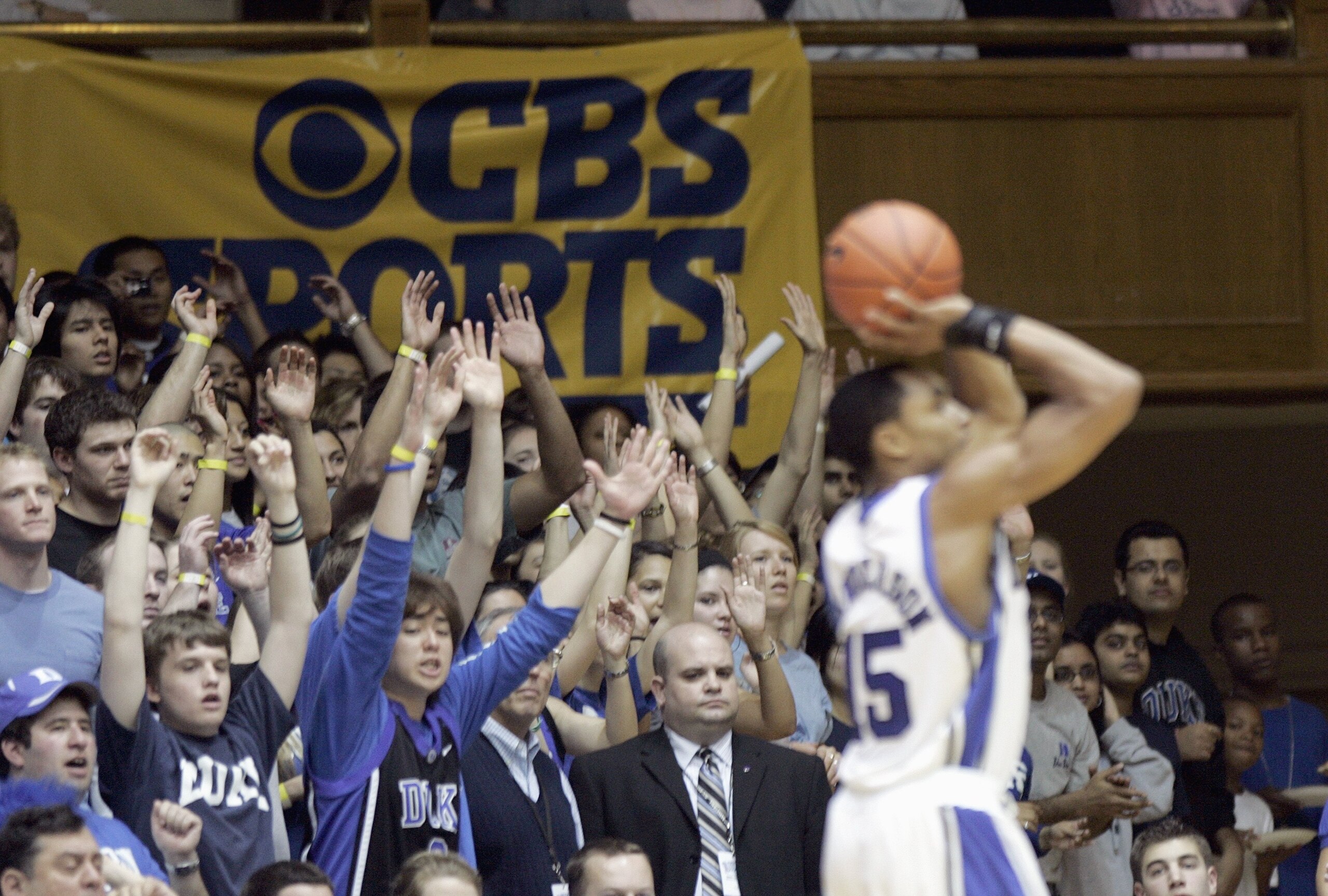 DURHAM, NC - FEBRUARY 23: A general view of the CBS Sports banner as Gerald Henderson #15 of the Duke Blue Devils takes a shot against the St. John's Red Storm during the game at Cameron Indoor Stadium on February 23, 2008 in Durham, North Carolina. Duke DURHAM, NC - FEBRUARY 23: A general view of the CBS Sports banner as Gerald Henderson #15 of the Duke Blue Devils takes a shot against the St. John's Red Storm during the game at Cameron Indoor Stadium on February 23, 2008 in Durham, North Carolina. Duke