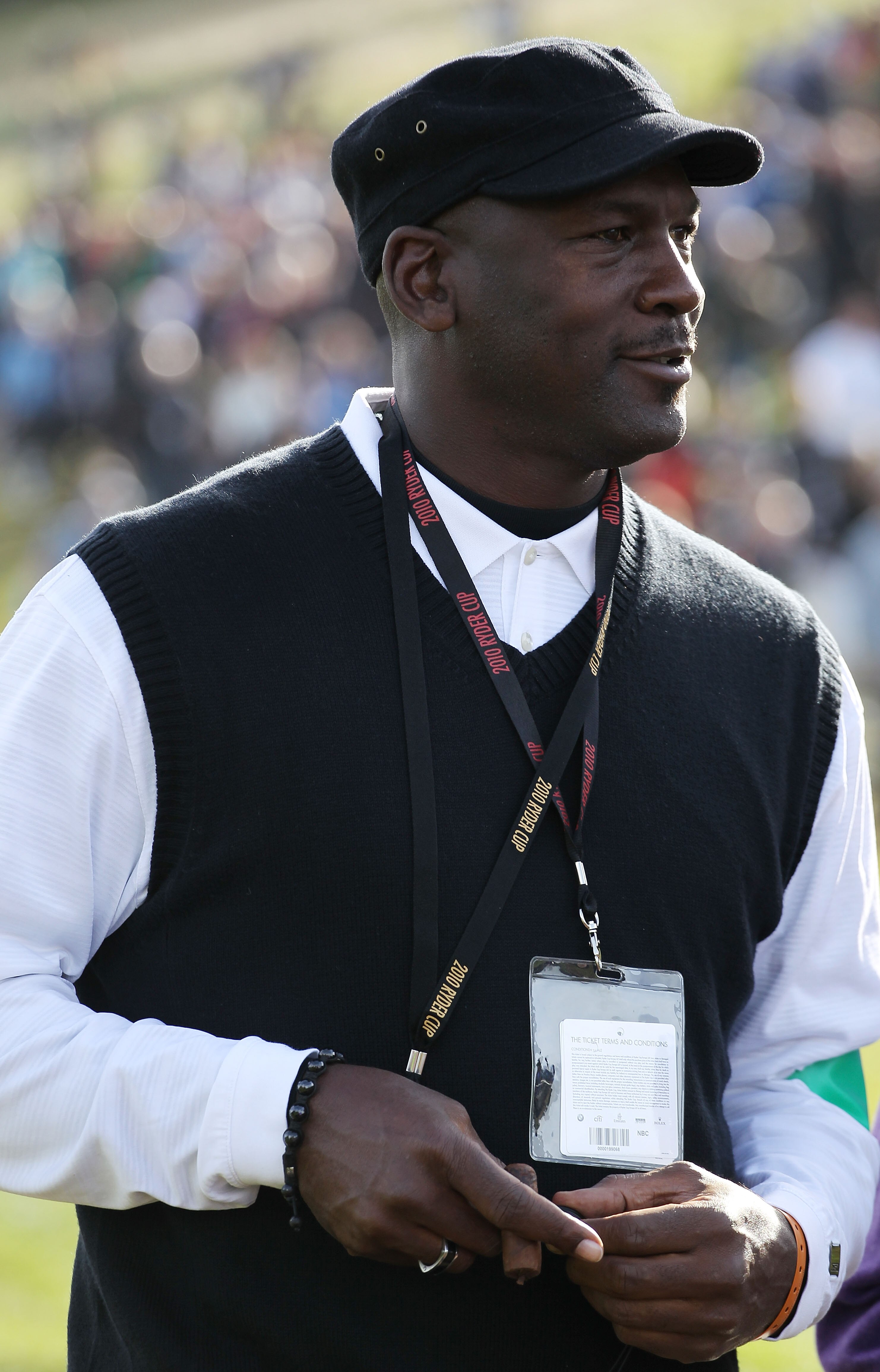 NEWPORT, WALES - OCTOBER 02:  Michael Jordan enjoys the action during the rescheduled Morning Fourball Matches during the 2010 Ryder Cup at the Celtic Manor Resort on October 2, 2010 in Newport, Wales.  (Photo by Jamie Squire/Getty Images)