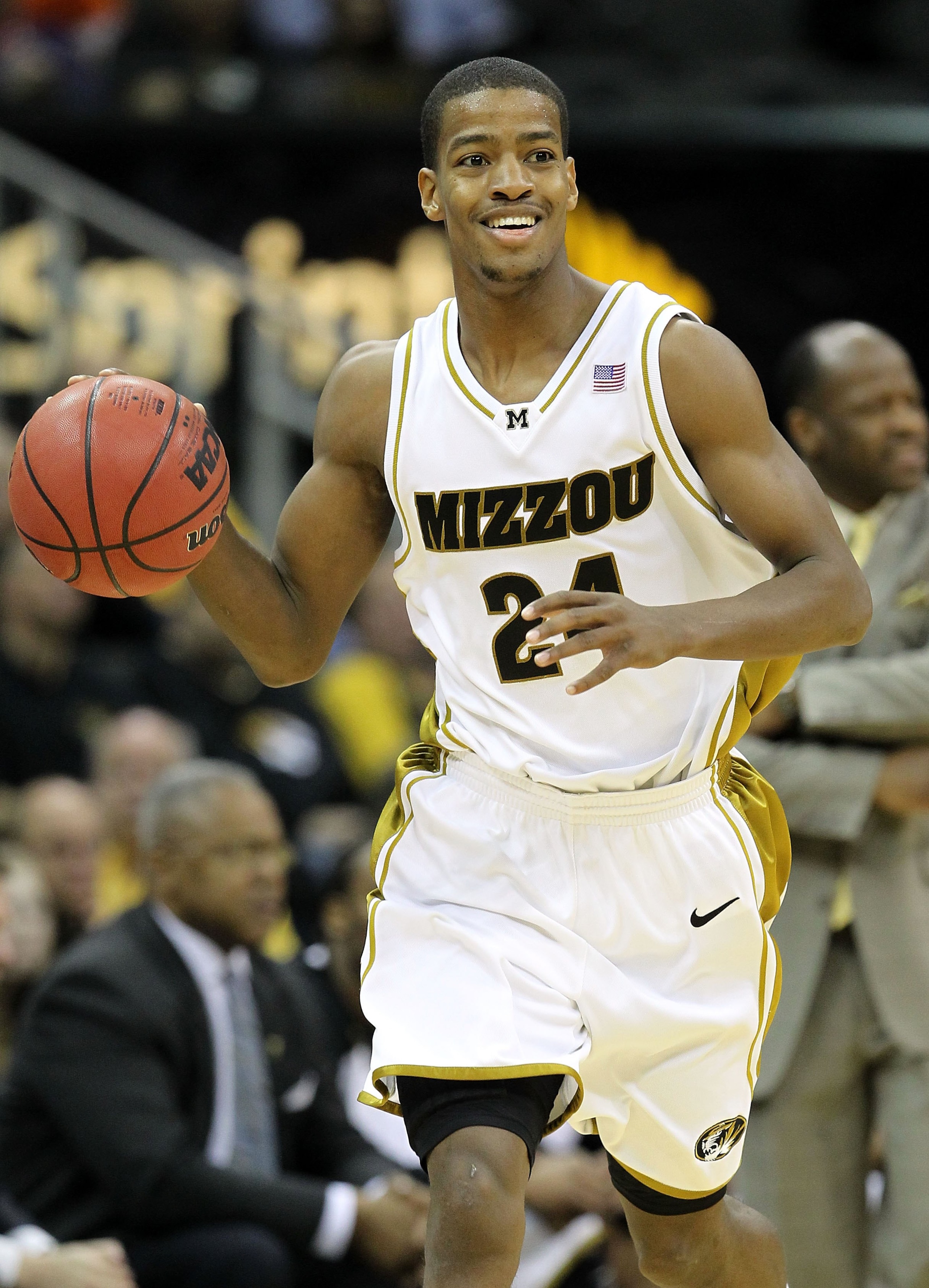KANSAS CITY, MO - MARCH 10:  Kim English #24 of the Missouri Tigers moves the ball against the Nebraska Cornhuskers in the first half during the first round game of the 2010 Phillips 66 Big 12 Men's Basketball Tournament at the Sprint Center on March 10,