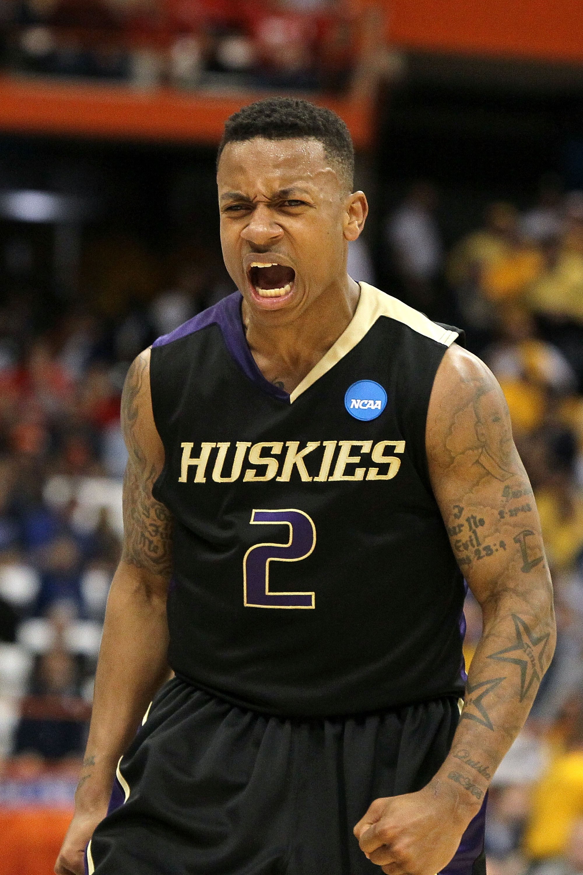 SYRACUSE, NY - MARCH 25:  Isaiah Thomas #2 of the Washington Huskies reacts against the West Virginia Mountaineers during the east regional semifinal of the 2010 NCAA men's basketball tournament at the Carrier Dome on March 25, 2010 in Syracuse, New York.