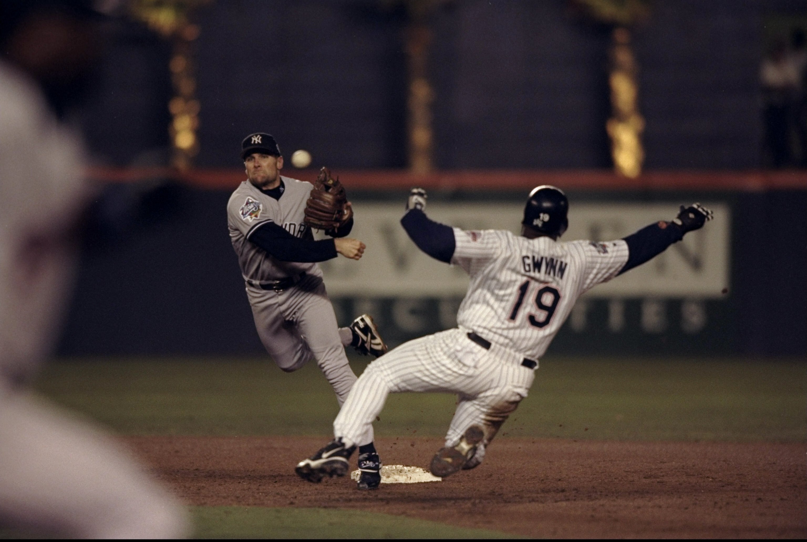21 Oct 1998:  Infielder Chuck Knoblauch #11 of the New York Yankees in action against outfielder Tony Gwynn #19 of the San Diego Padres during the 1998 World Series Game 4 at Qualcomm Stadium in San Diego, California. The Yankees defeated the Padres 3-0.