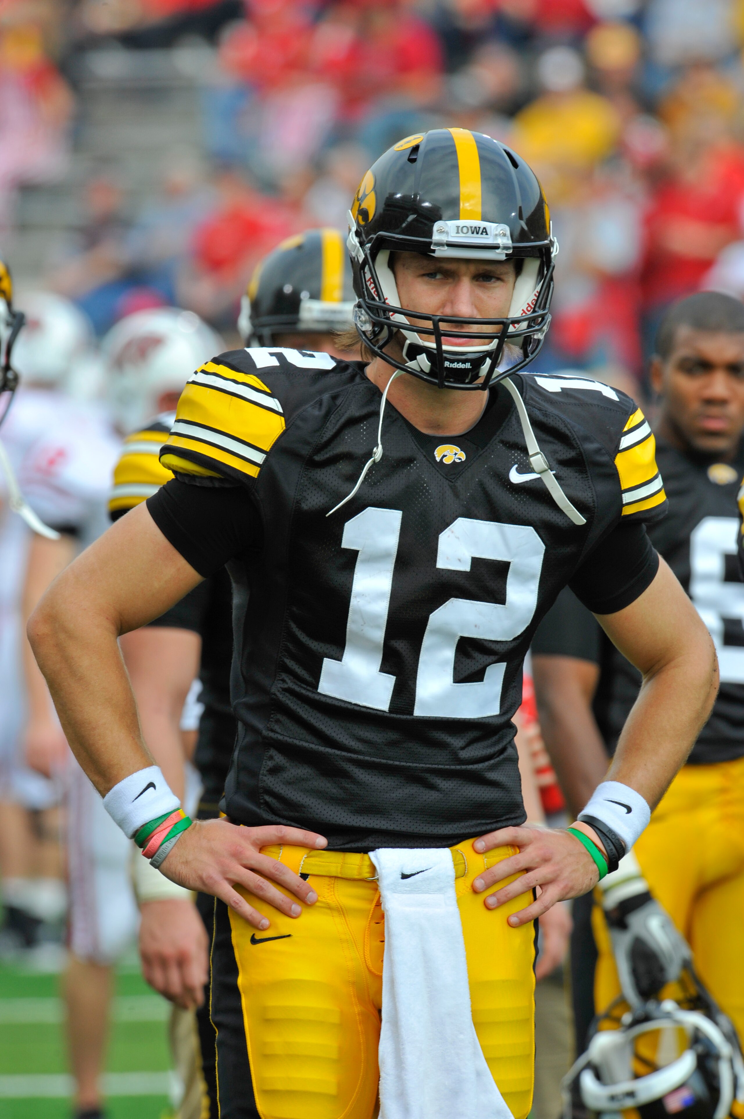 IOWA CITY, IA - OCTOBER 23- Quarterback Ricky Stanzi #12 of the University of Iowa Hawkeyes warms up before action against the Wisconsin Badgers at Kinnick Stadium on October 23, 2010 in Iowa City, Iowa. Wisconsin won 31-30 over Iowa. (Photo by David Purd