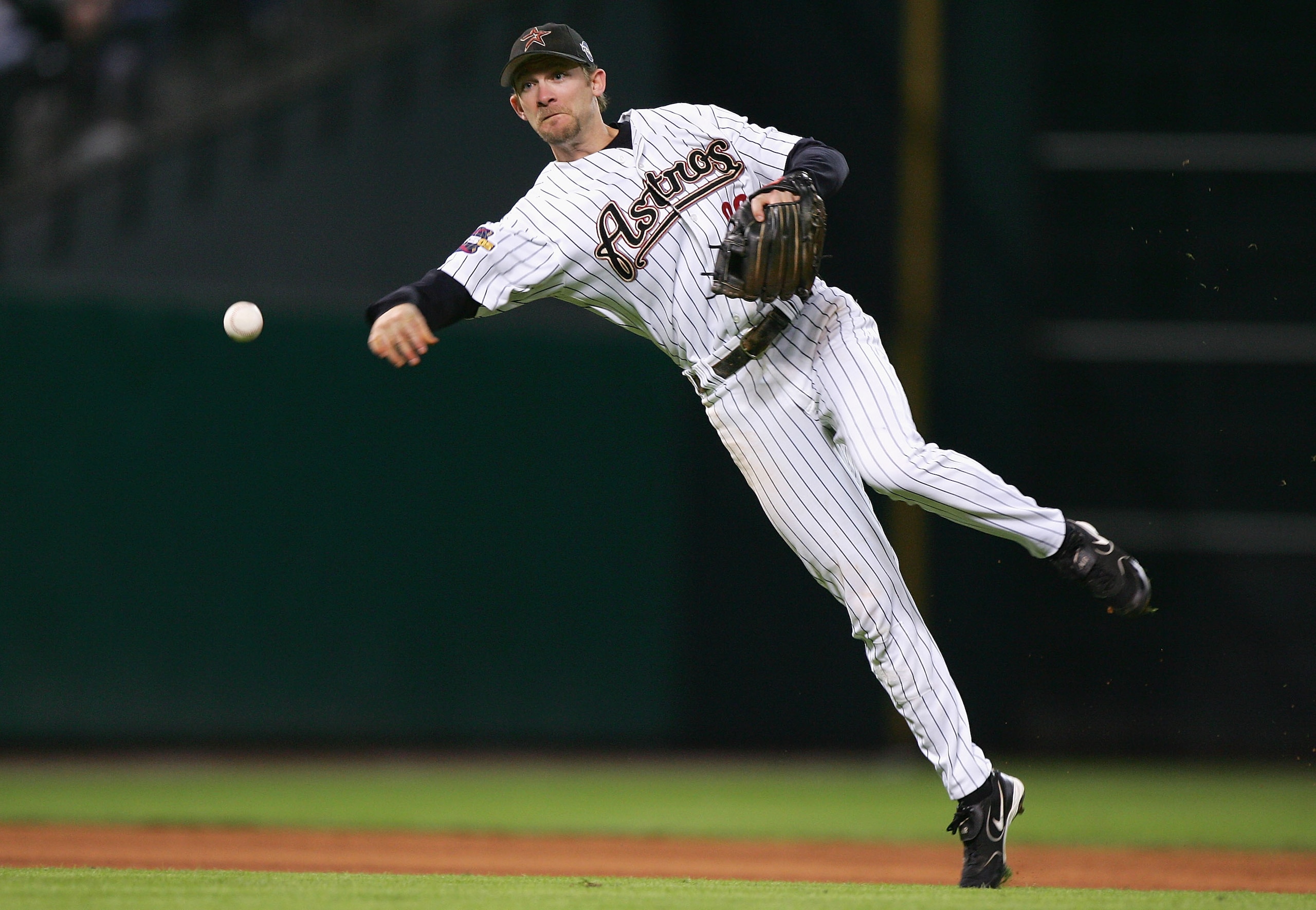HOUSTON - OCTOBER 26:  Shortstop Adam Everett #28 of the Houston Astros throws out batter Scott Podsednik #22 of the Chicago White Sox #22 in the sixth inning during Game Four of the 2005 Major League Baseball World Series at Minute Maid Park on October 2