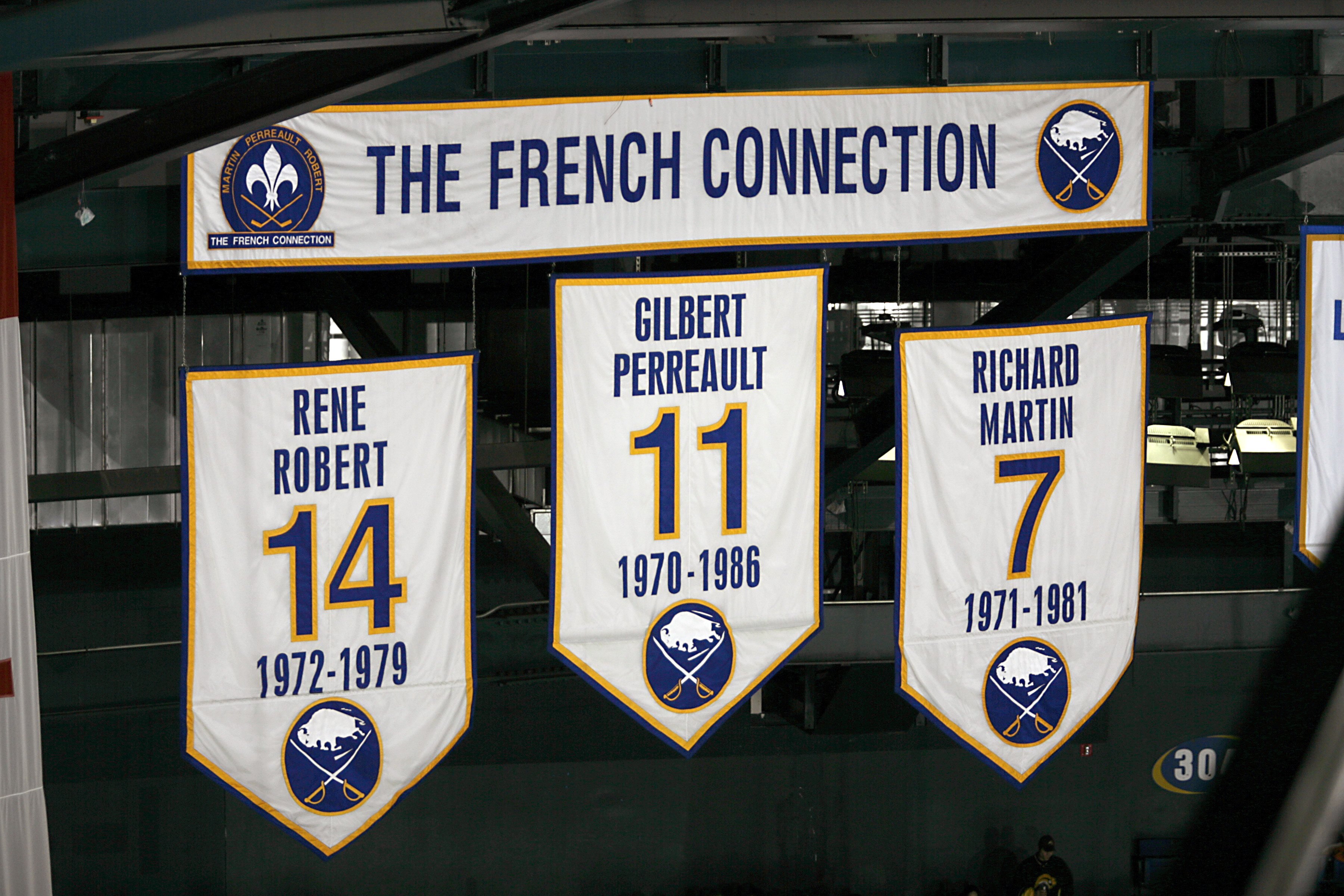 BUFFALO, NY - FEBRUARY 13:  A view of the banners of Rene Robert #14, Gilbert Perreault #11 and Richard Martin that hang in the rafters during the NHL game of the Buffalo Sabres against the Toronto Maple Leafs on February 13, 2008 at HSBC Arena in Buffalo