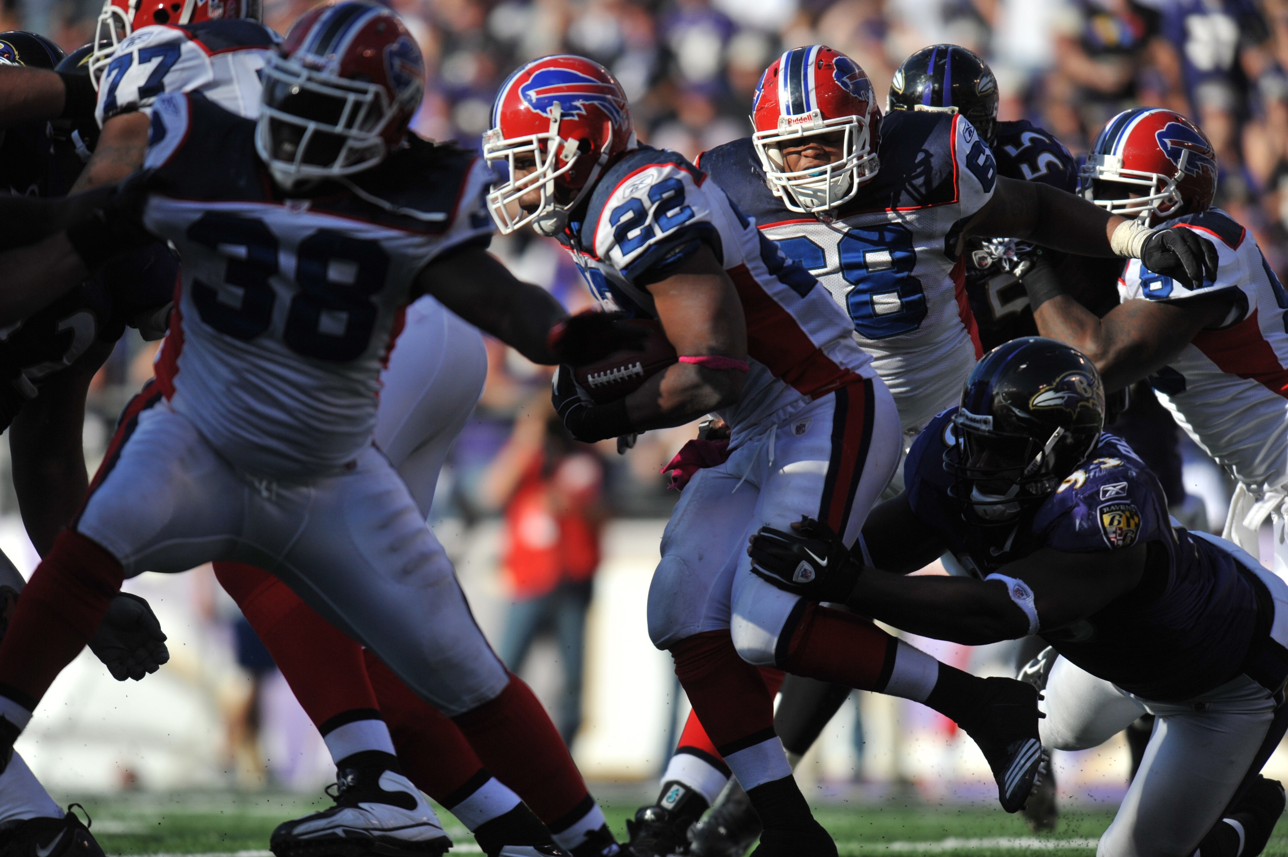 BALTIMORE, MD - OCTOBER 24:  Fred Jackson #22 of the Buffalo Bills runs the ball against the Baltimore Ravens at M&T Bank Stadium on October 24, 2010 in Baltimore, Maryland. The Ravens defeated the Bills 37-34. (Photo by Larry French/Getty Images)