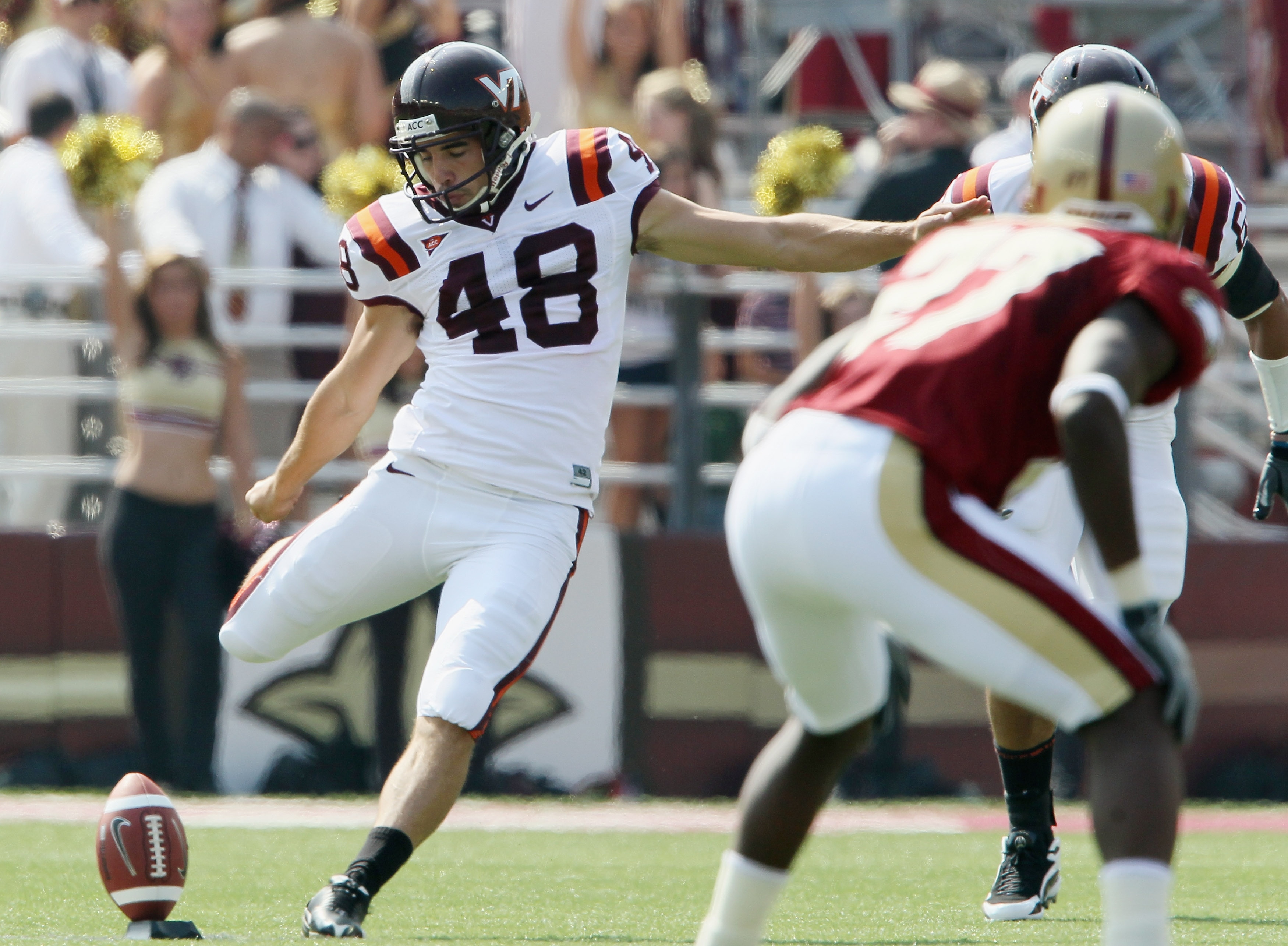 CHESTNUT HILL, MA - SEPTEMBER 25:  Justin Myer #48 of the Virginia Tech Hokies kicks the ball off to start the game against the Boston College Eagles  on September 25, 2010 at Alumni Stadium in Chestnut Hill, Massachusetts.  (Photo by Elsa/Getty Images)