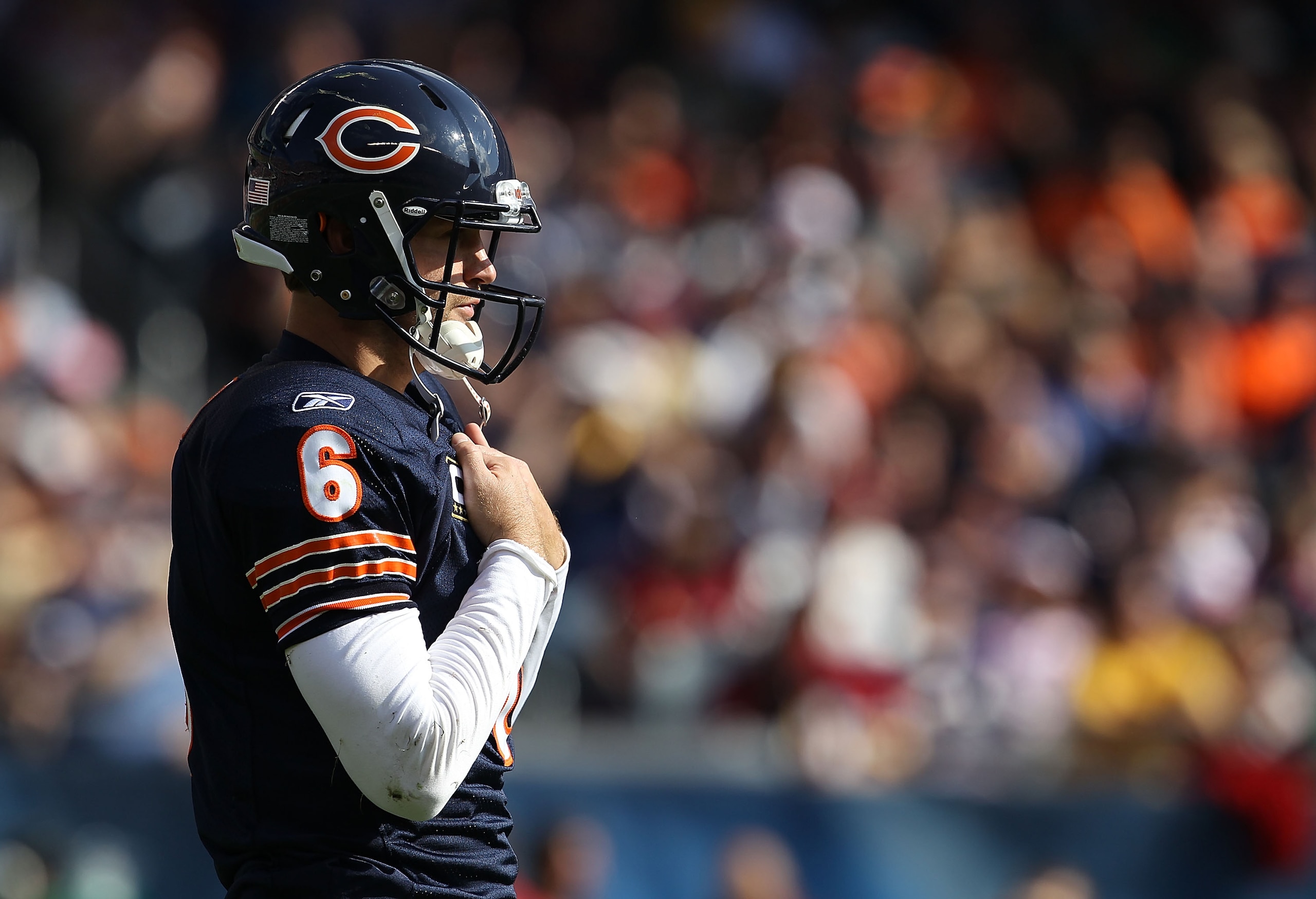 CHICAGO - OCTOBER 24: Jay Cutler #6 of the Chicago Bears waits for a play during a time-out against the Washington Redskins at Soldier Field on October 24, 2010 in Chicago, Illinois. The Redskins defeated the Bears 17-14. (Photo by Jonathan Daniel/Getty I