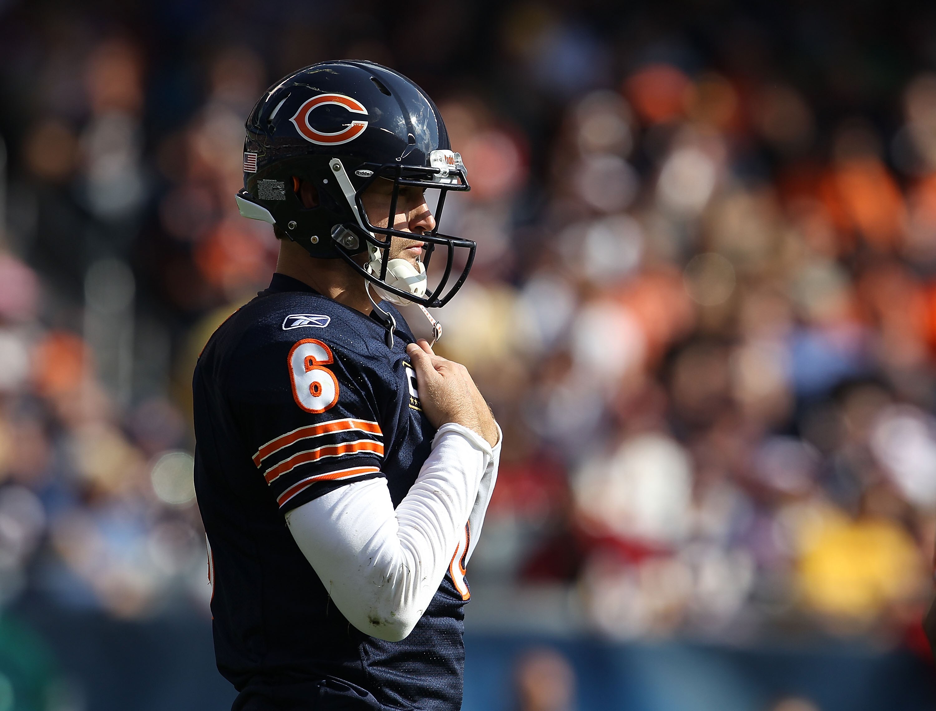 CHICAGO - OCTOBER 24: Jay Cutler #6 of the Chicago Bears waits for a play during a time-out against the Washington Redskins at Soldier Field on October 24, 2010 in Chicago, Illinois. The Redskins defeated the Bears 17-14. (Photo by Jonathan Daniel/Getty I