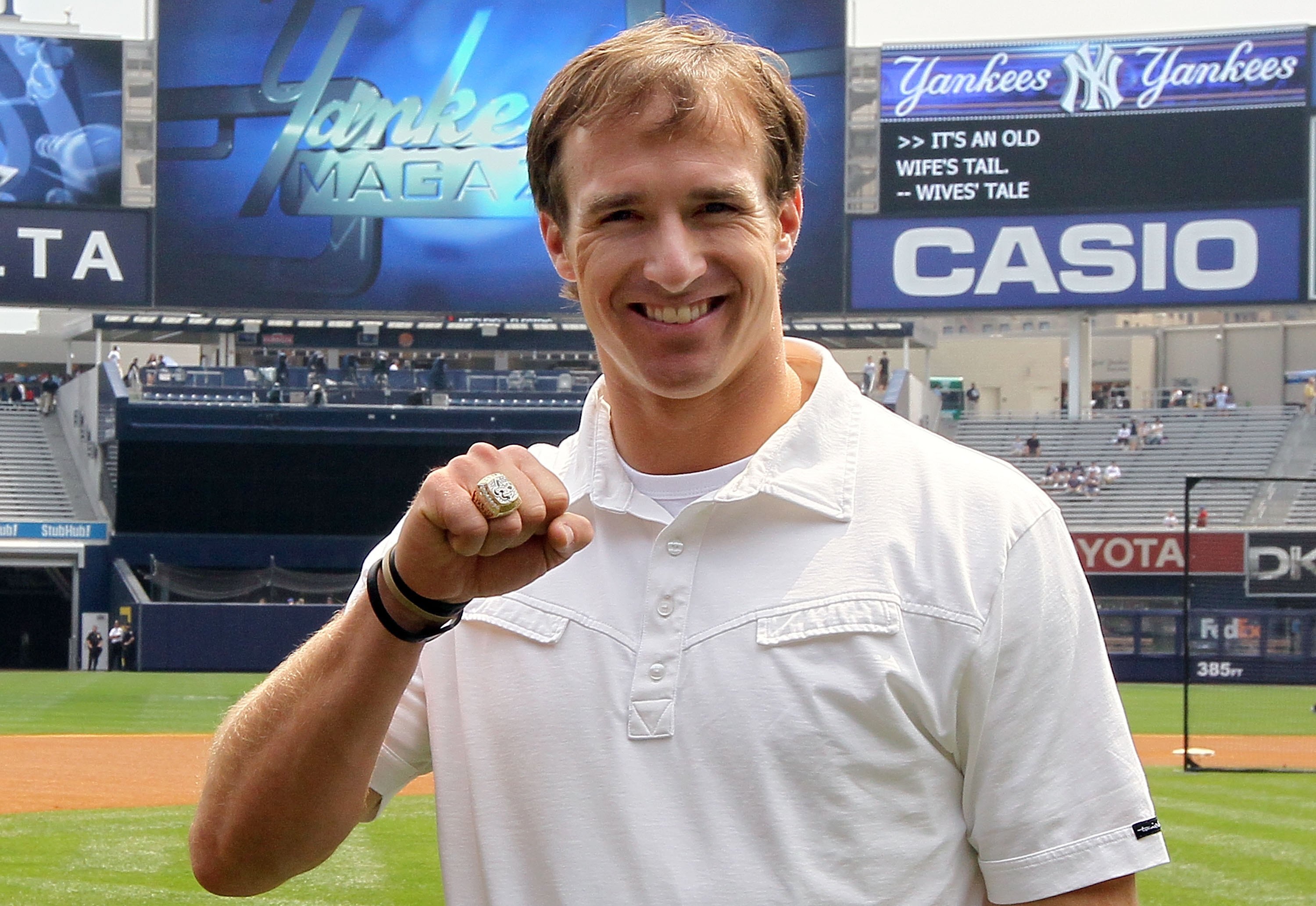 NEW YORK - JUNE 20:  Super Bowl XLIV MVP Drew Brees of the New Orleans Saints shows off his championship ring prior to the the New York Yankees game against the New York Mets on June 20, 2010 at Yankee Stadium in the Bronx borough of New York City.  (Phot