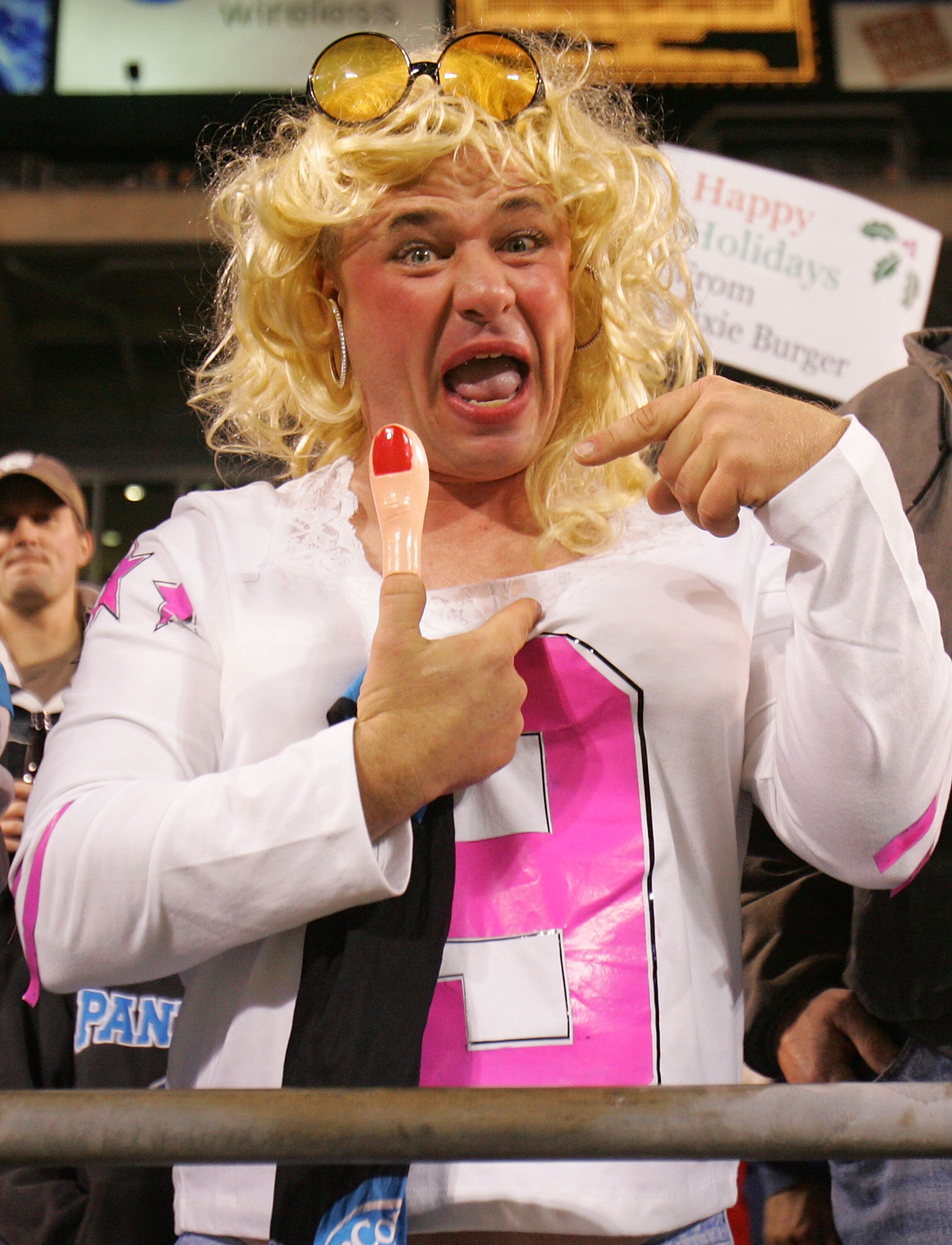 CHARLOTTE, NC - DECEMBER 22:  Fan Mark Middlesworth jokes about Tony Romo's girlfriend Jessica Simpson during the Dallas Cowboys versus Carolina Panthers game at Bank of America Stadium on December 22, 2007 in Charlotte, North Carolina.  (Photo by Streete