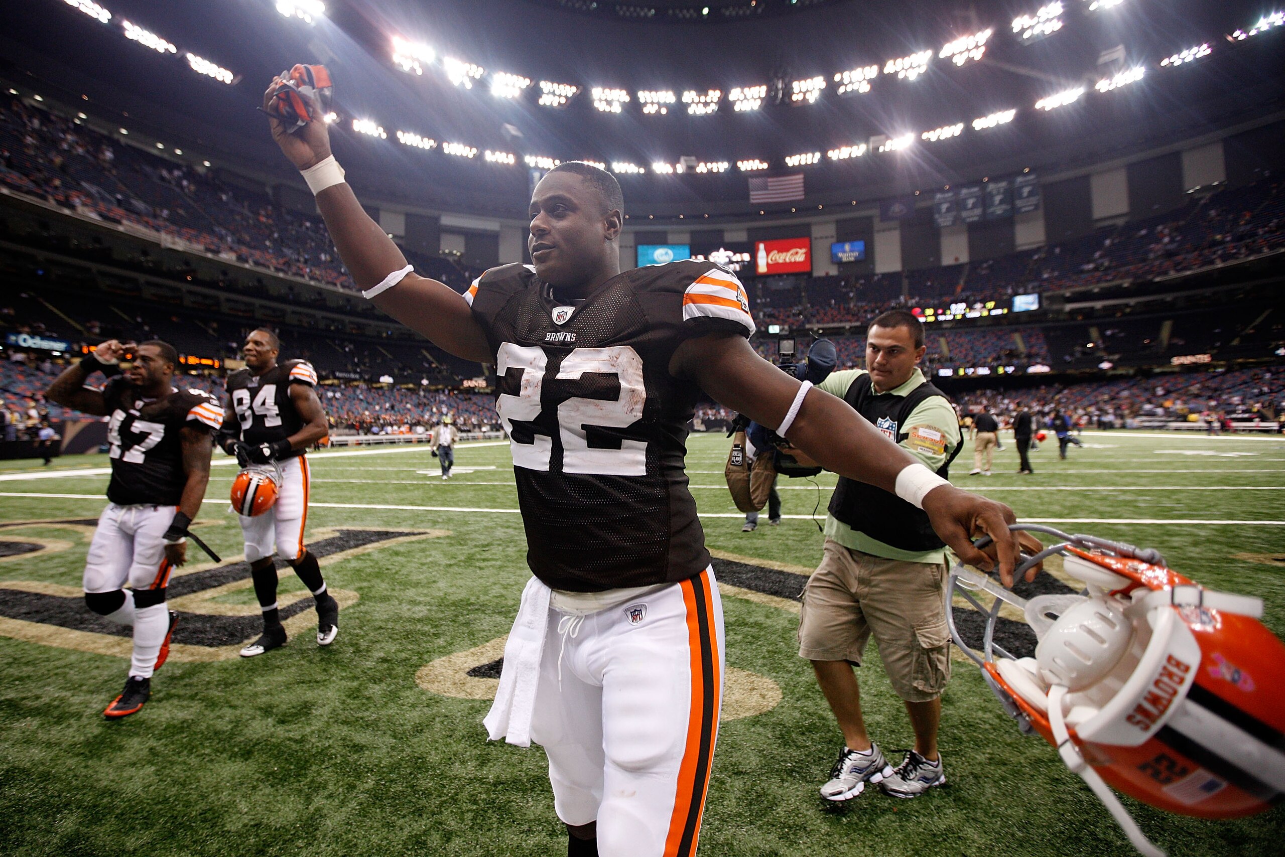 NEW ORLEANS - OCTOBER 24:  Mike Bell #22 of the Cleveland Browns celebrates after defeating the New Orleans Saints 30-17 at the Louisiana Superdome on October 24, 2010 in New Orleans, Louisiana.  (Photo by Chris Graythen/Getty Images)