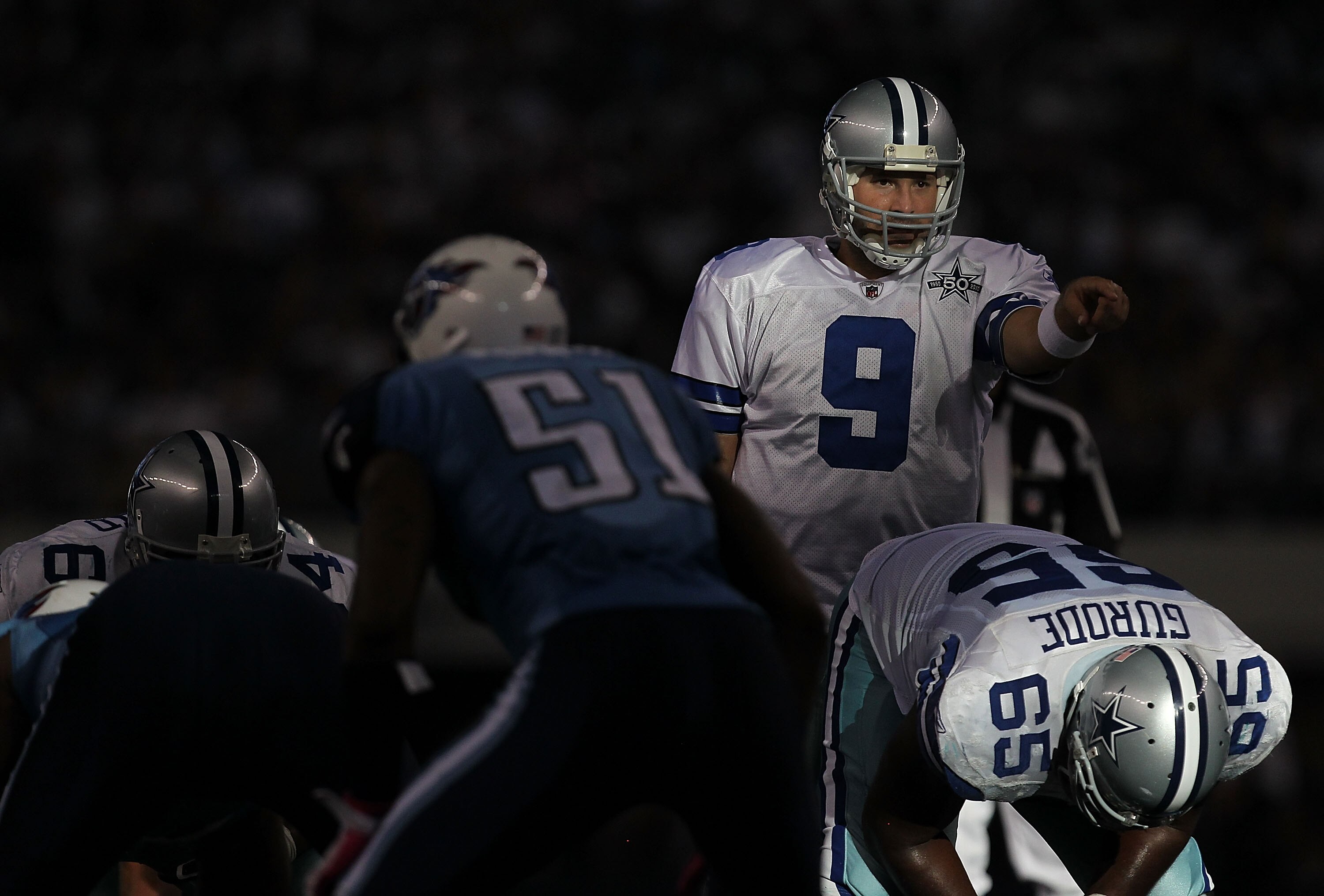 ARLINGTON, TX - OCTOBER 10:  Quarterback Tony Romo #9 of the Dallas Cowboys at Cowboys Stadium on October 10, 2010 in Arlington, Texas.  (Photo by Ronald Martinez/Getty Images)