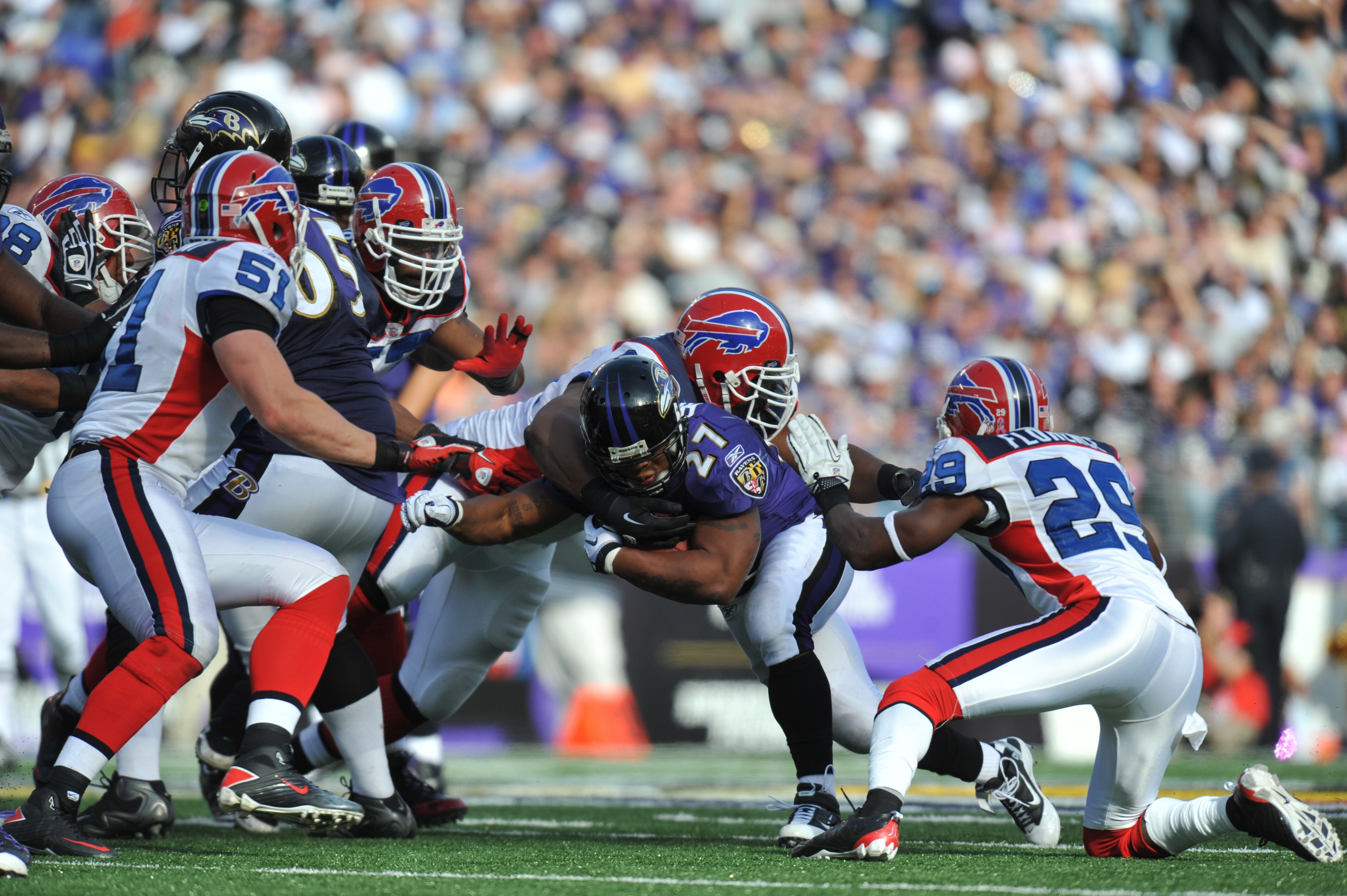 BALTIMORE, MD - OCTOBER 24:  Ray Rice #27 of the Baltimore Ravens runs the ball against the Buffalo Bills at M&T Bank Stadium on October 24, 2010 in Baltimore, Maryland. The Ravens defeated the Bills 37-34. (Photo by Larry French/Getty Images)