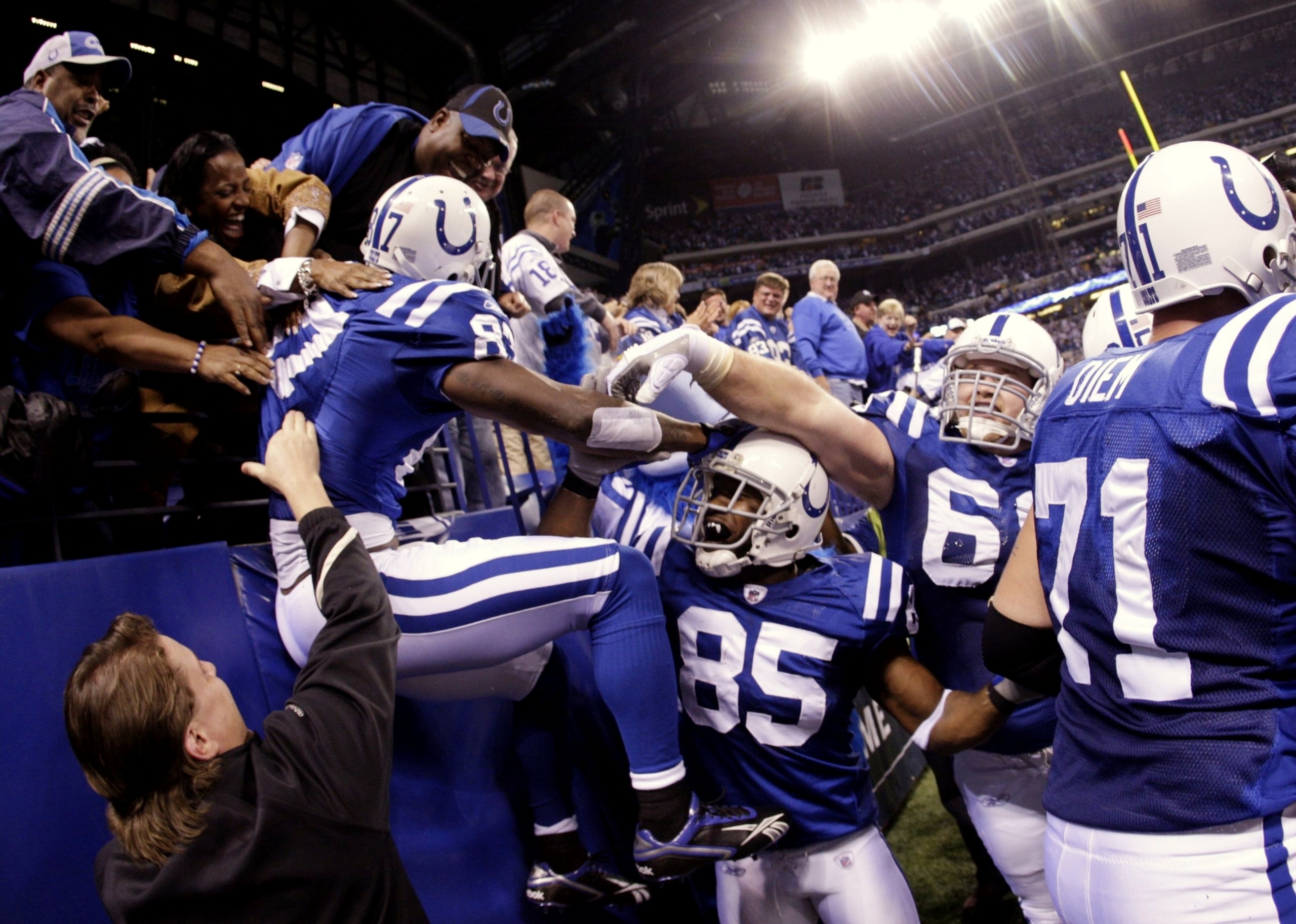 INDIANAPOLIS - NOVEMBER 15:  Reggie Wayne #87 of the Indianapolis Colts celebrates his touchdown with teammates and fans in the fourth quarter of the game against the New England Patriots at Lucas Oil Stadium on November 15, 2009 in Indianapolis, Indiana.