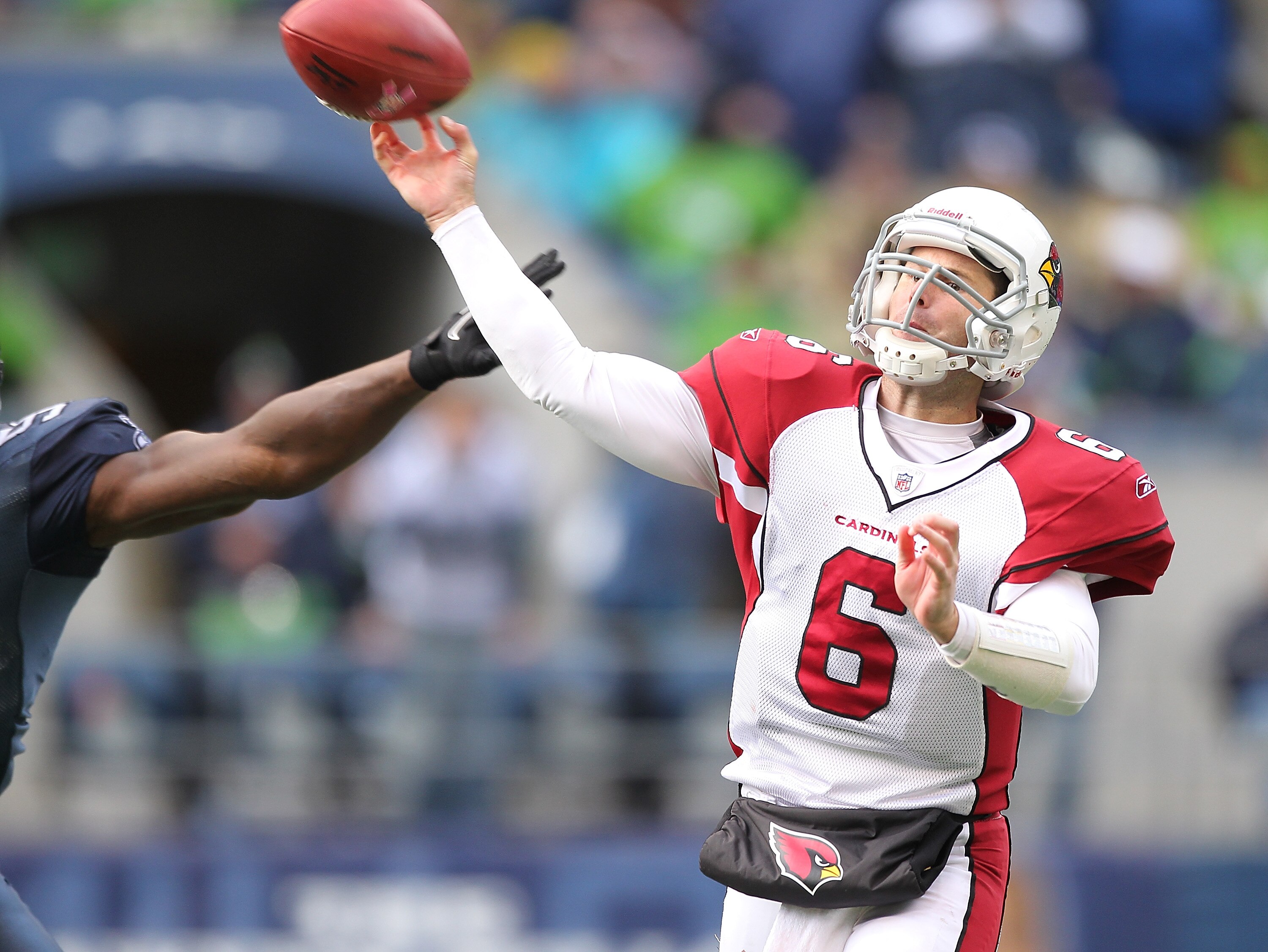 SEATTLE - OCTOBER 24:  Quarterback Max Hall #6 of the Arizona Cardinals passes against the Seattle Seahawks at Qwest Field on October 24, 2010 in Seattle, Washington. The Seahawks defeated the Cardinals 22-10. (Photo by Otto Greule Jr/Getty Images)