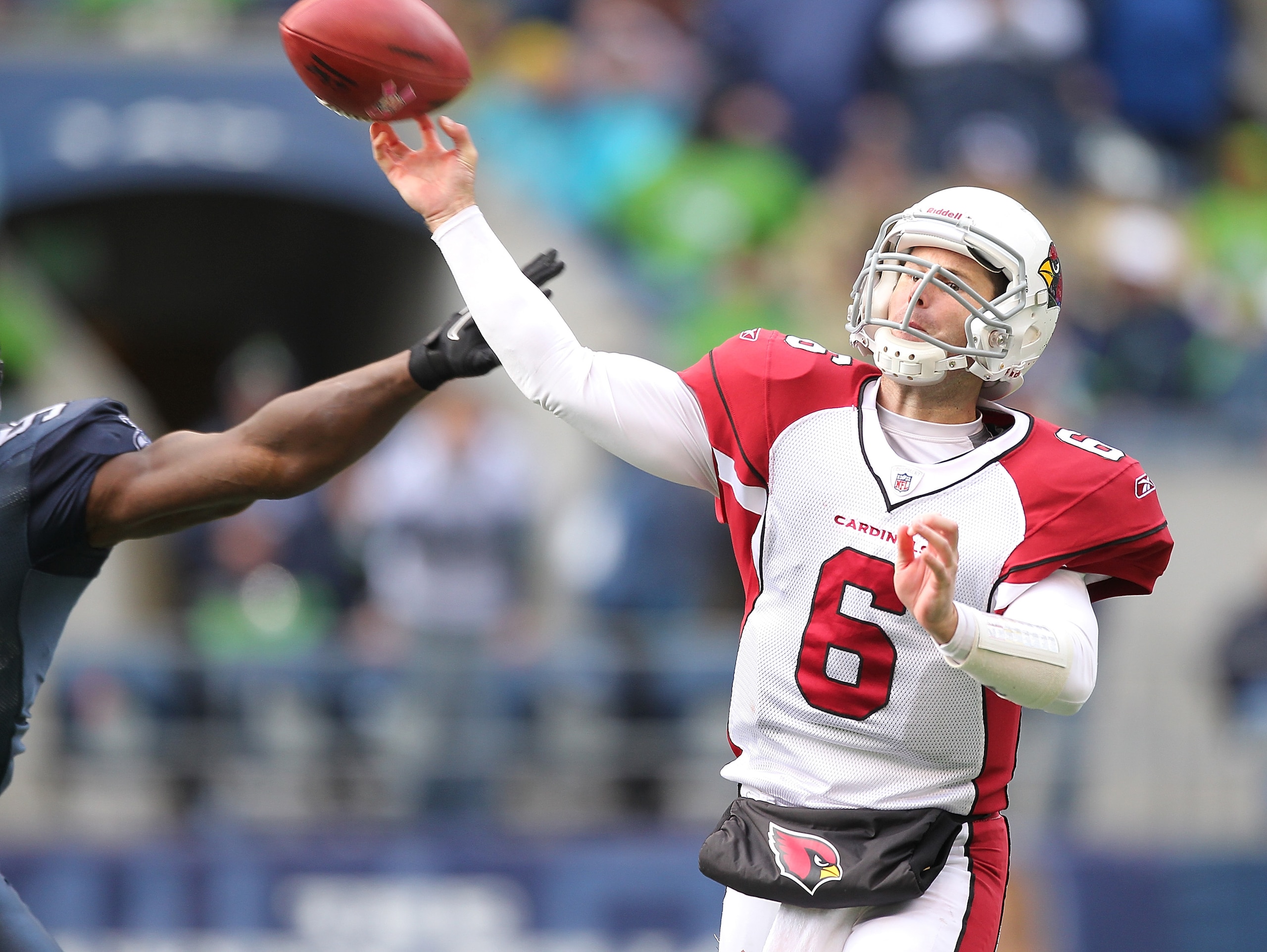 SEATTLE - OCTOBER 24:  Quarterback Max Hall #6 of the Arizona Cardinals passes against the Seattle Seahawks at Qwest Field on October 24, 2010 in Seattle, Washington. The Seahawks defeated the Cardinals 22-10. (Photo by Otto Greule Jr/Getty Images)