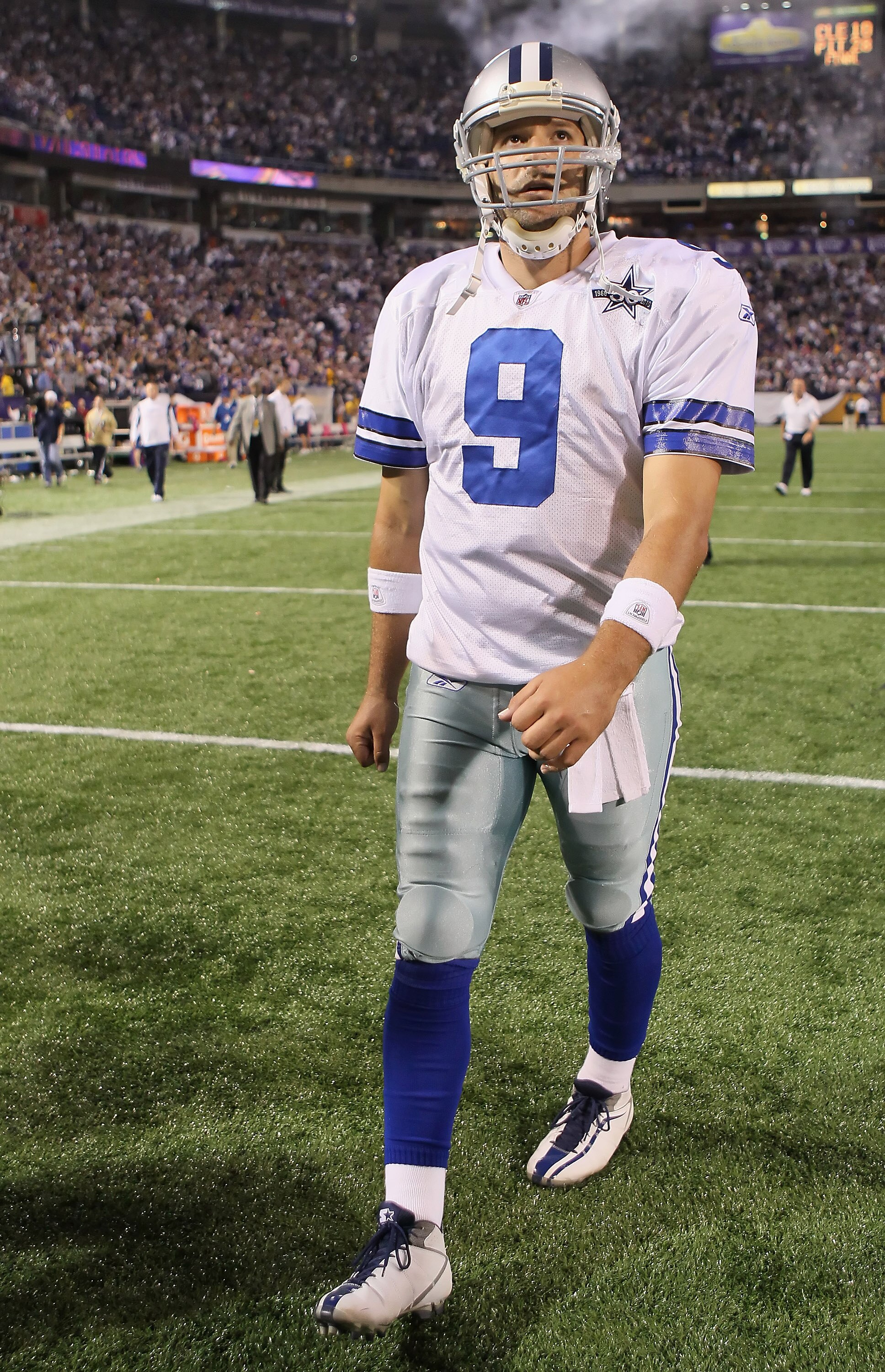 MINNEAPOLIS - OCTOBER 17:  Quarterback Tony Romo #9 of the Dallas Cowboys walks off the field following the game against the Minnesota Vikings at Mall of America Field on October 17, 2010 in Minneapolis, Minnesota. The Vikings defeated the Cowboys 24-21.