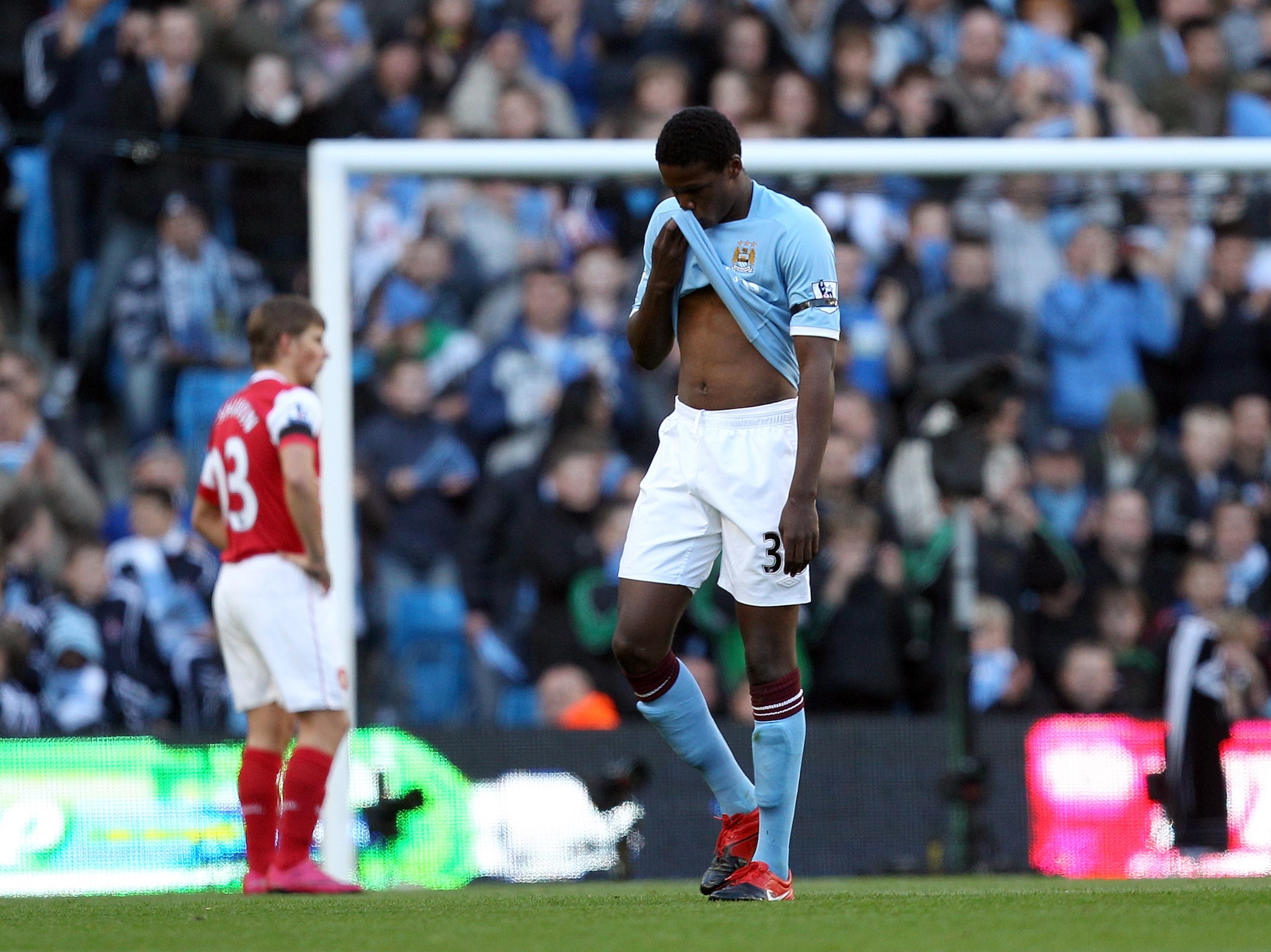 MANCHESTER, ENGLAND - OCTOBER 24:  Dedryck Boyata of City is sent off during the Barclays Premier League match between Manchester City and Arsenal at City of Manchester Stadium on October 24, 2010 in Manchester, England.  (Photo by Richard Heathcote/Getty