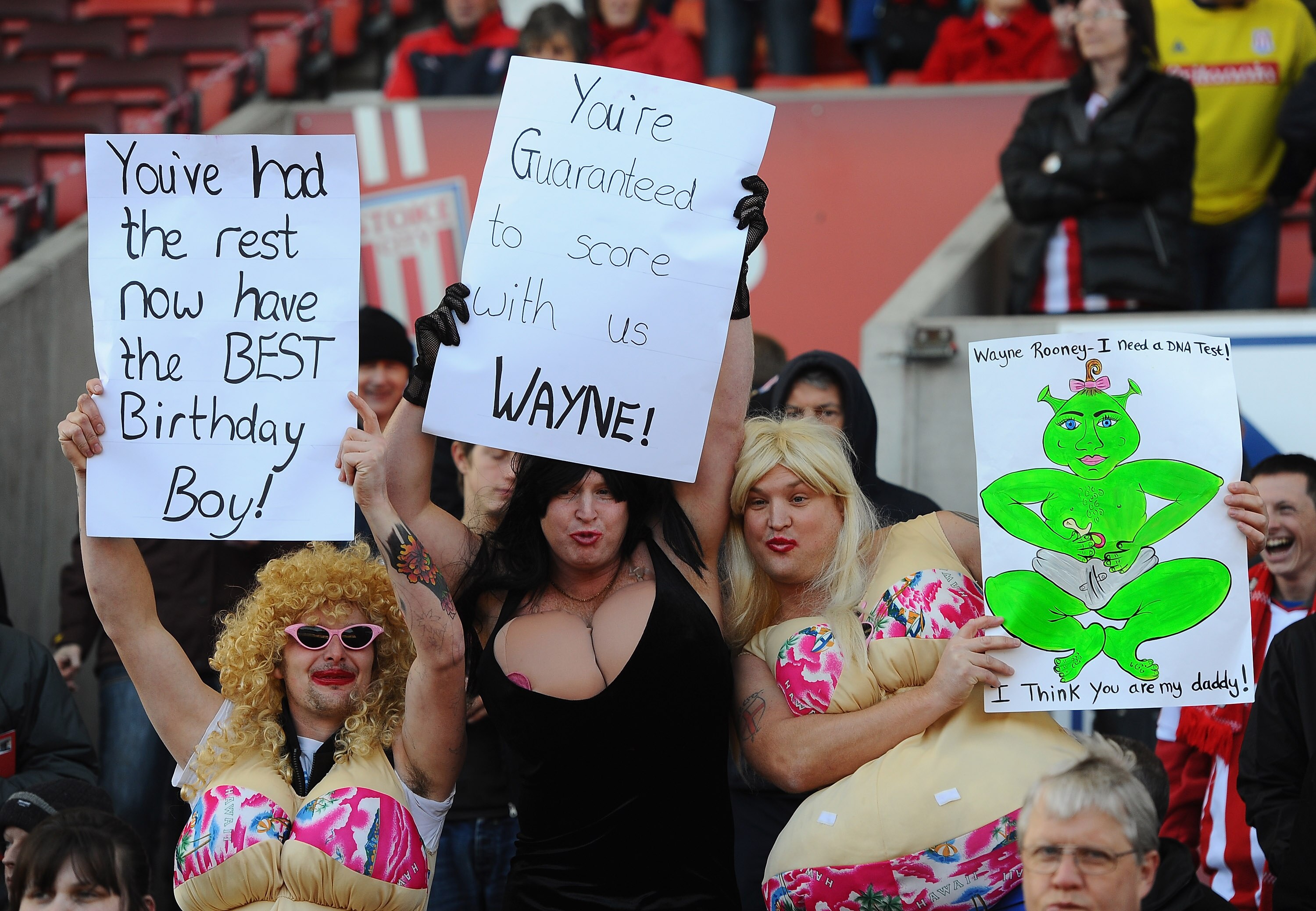 STOKE ON TRENT, ENGLAND - OCTOBER 24:  Stoke fans wish Wayne Rooney a happy birthday during the Barclays Premier League match between Stoke City and Manchester United at Britannia Stadium on October 24, 2010 in Stoke on Trent, England.  (Photo by Mike Hew