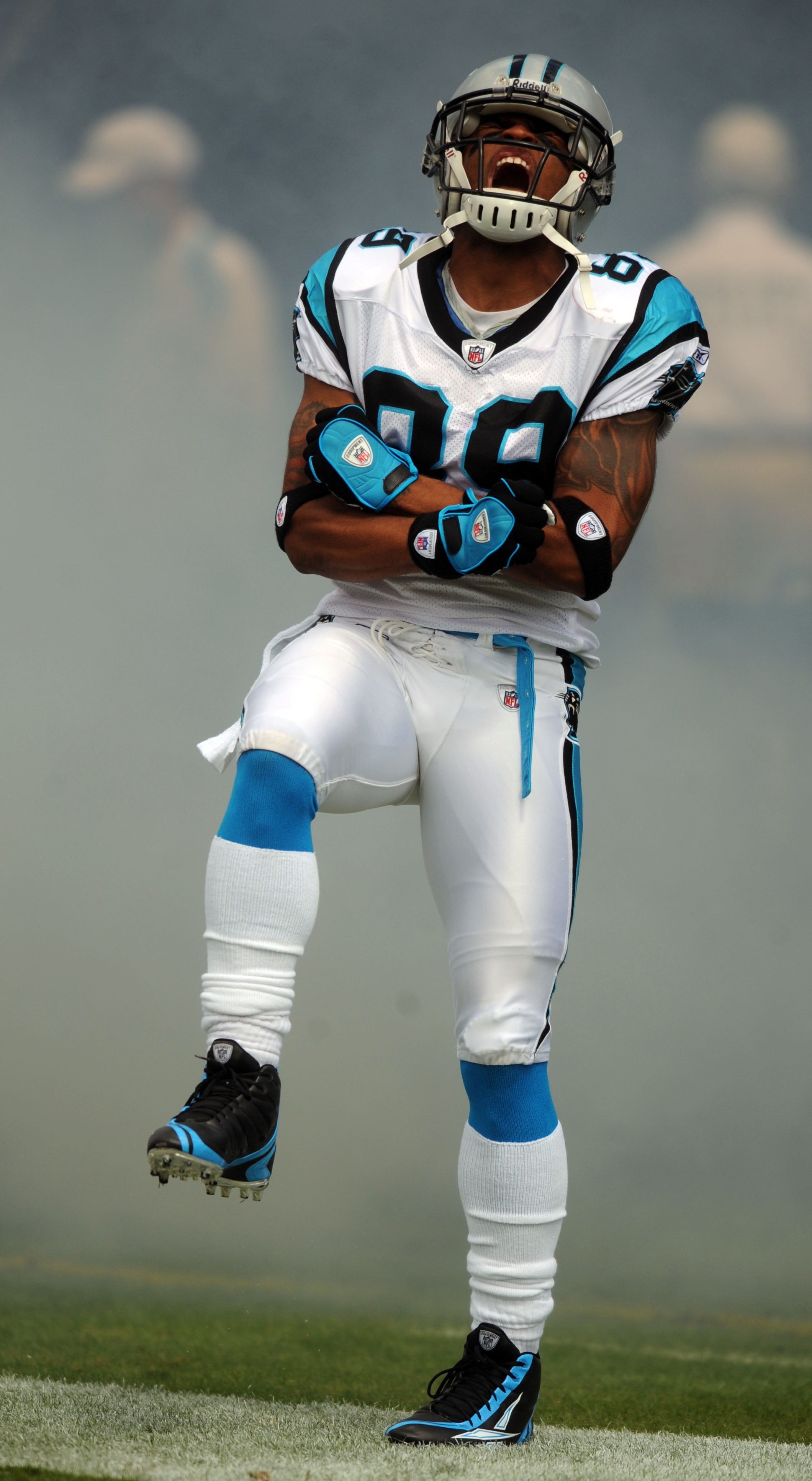 CHARLOTTE, NC - SEPTEMBER 28:  Wide receiver Steve Smith #89 of the Carolina Panthers comes out of the tunnel during introductions before the game against the Atlanta Falcons at Bank of America Stadium on September 28, 2008 in Charlotte, North Carolina. T