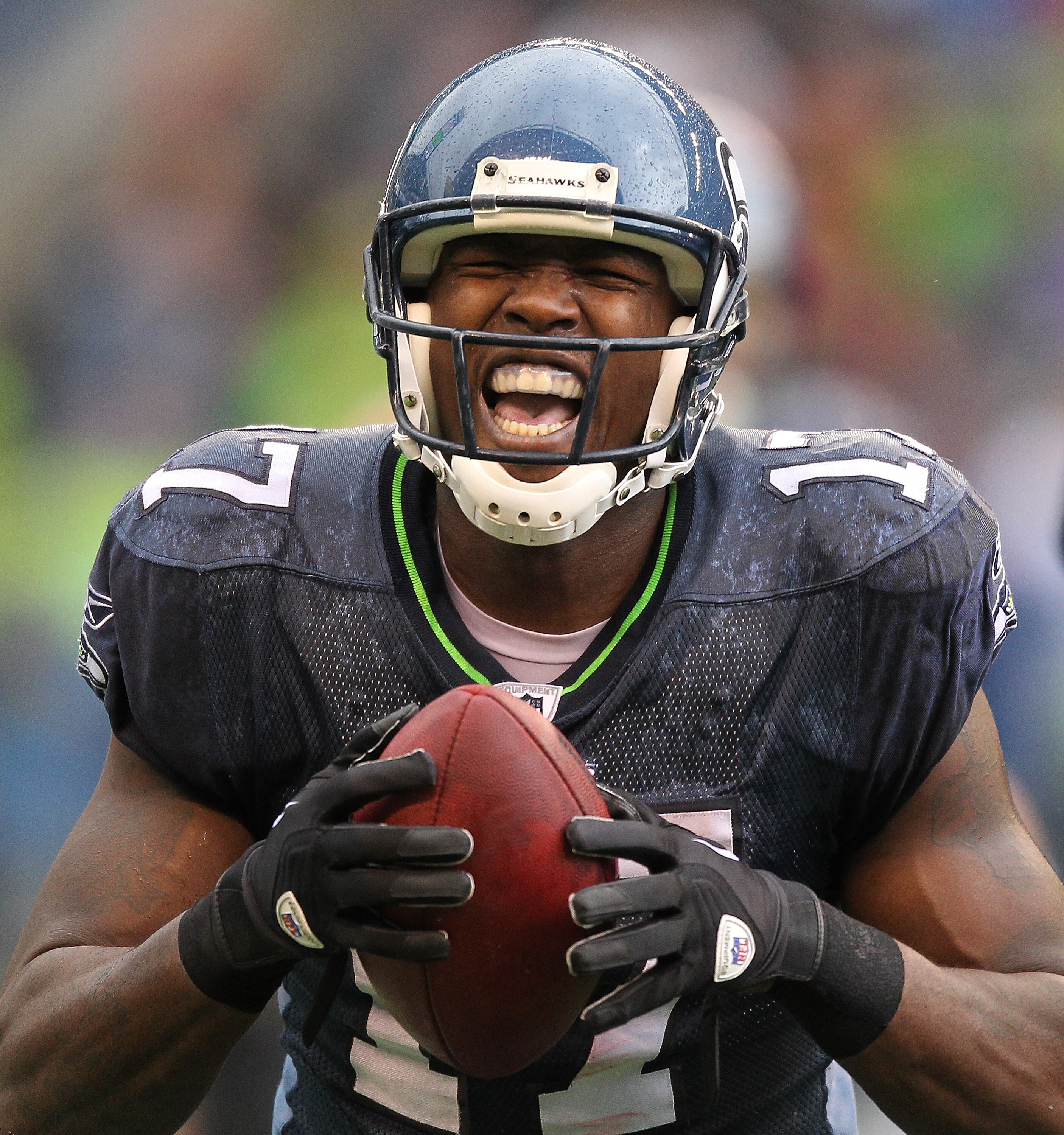 SEATTLE - OCTOBER 24:  Wide receiver Mike Williams #17 of the Seattle Seahawks reacts after making a catch against the Arizona Cardinals at Qwest Field on October 24, 2010 in Seattle, Washington. The Seahawks defeated the Cardinals 22-10. (Photo by Otto G
