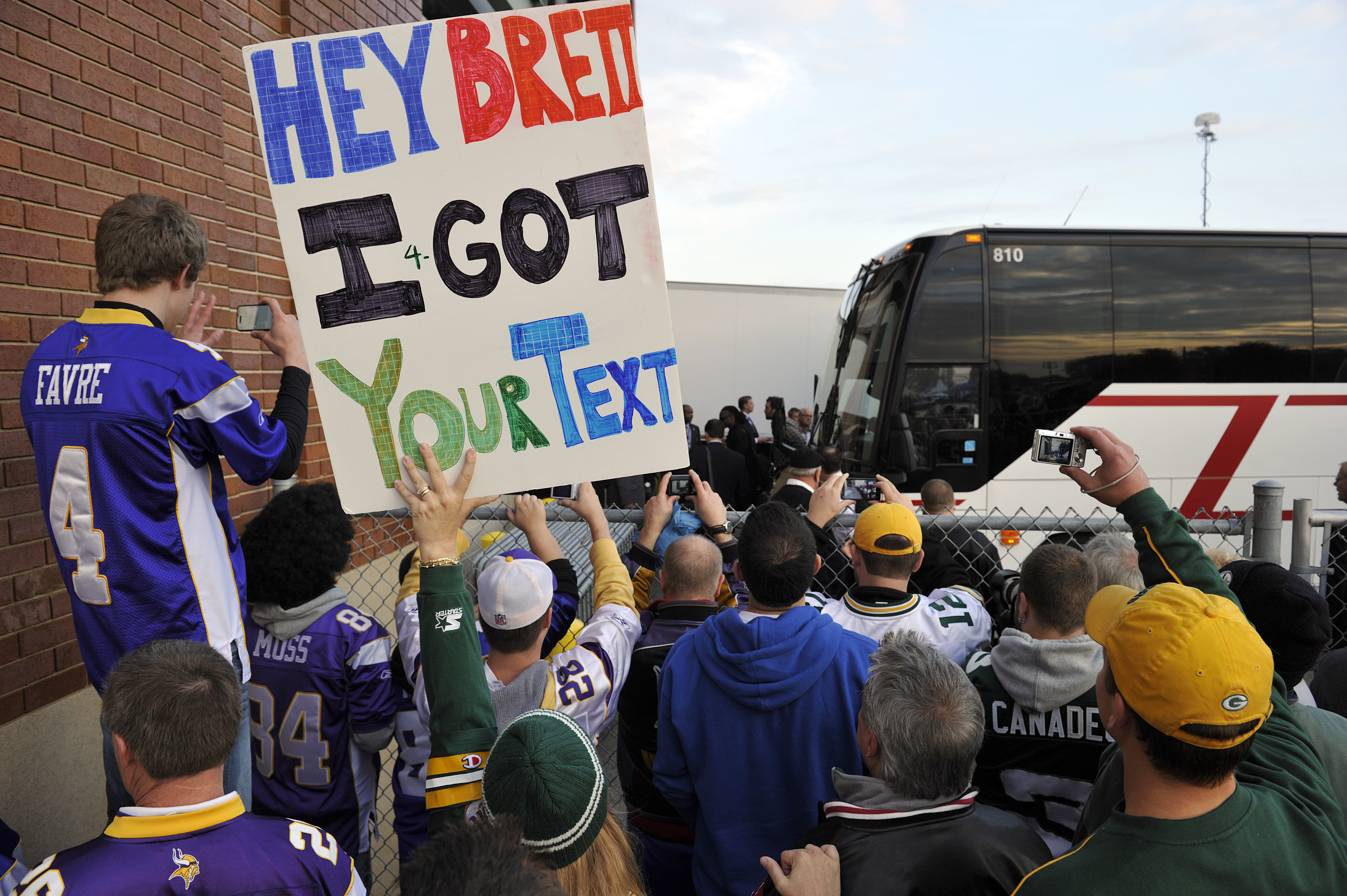 GREEN BAY, WI - OCTOBER 24:  Green Bay Packer fans wait for Brett Favre and the Minnesota Vikings to get off the bus at Lambeau Field on October 24, 2010 in Green Bay, Wisconsin. (Photo by Jim Prisching/Getty Images)