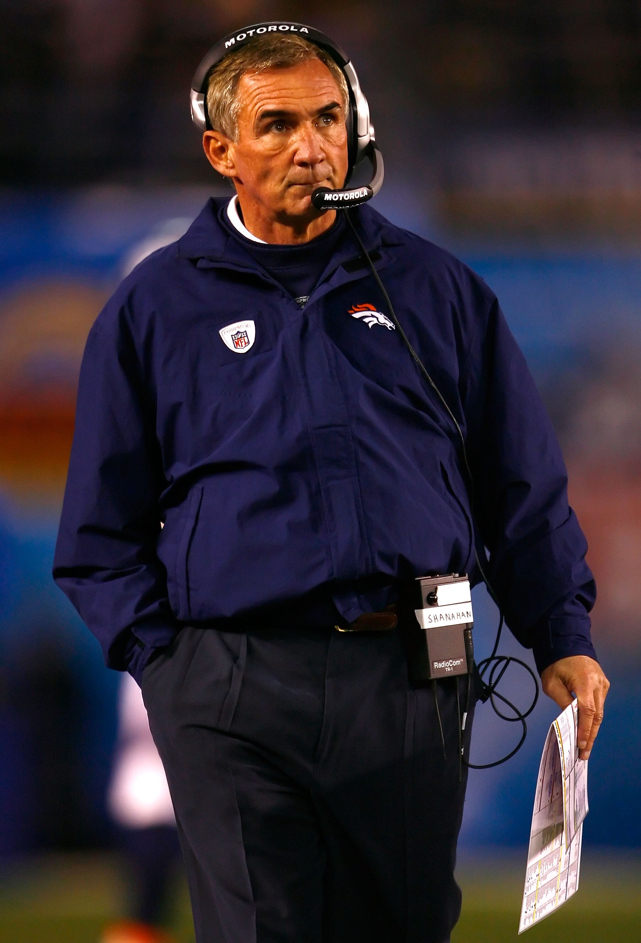 SAN DIEGO - DECEMBER 28:  Head coach Mike Shanahan of the Denver Broncos walks the sidelines during the NFL game against the San Diego Chargers at Qualcomm Stadium on December 28, 2008 in San Diego, California.  (Photo by Jeff Gross/Getty Images)