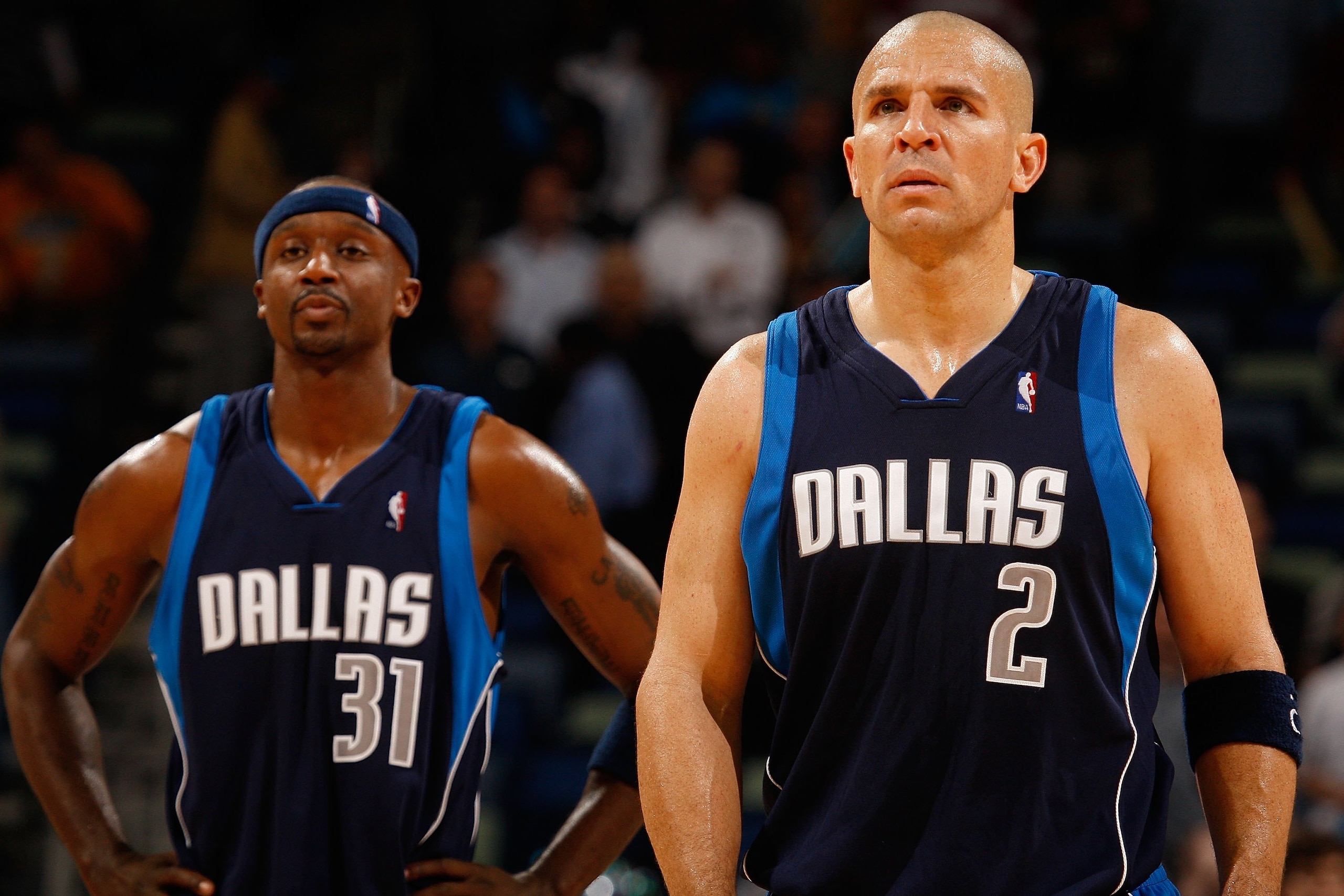 NEW ORLEANS - NOVEMBER 04:  Jason Terry #31 and Jason Kidd #2 of the Dallas Mavericks during the game against the New Orleans Hornets at New Orleans Arena on November 4, 2009 in New Orleans, Louisiana.  NOTE TO USER: User expressly acknowledges and agrees