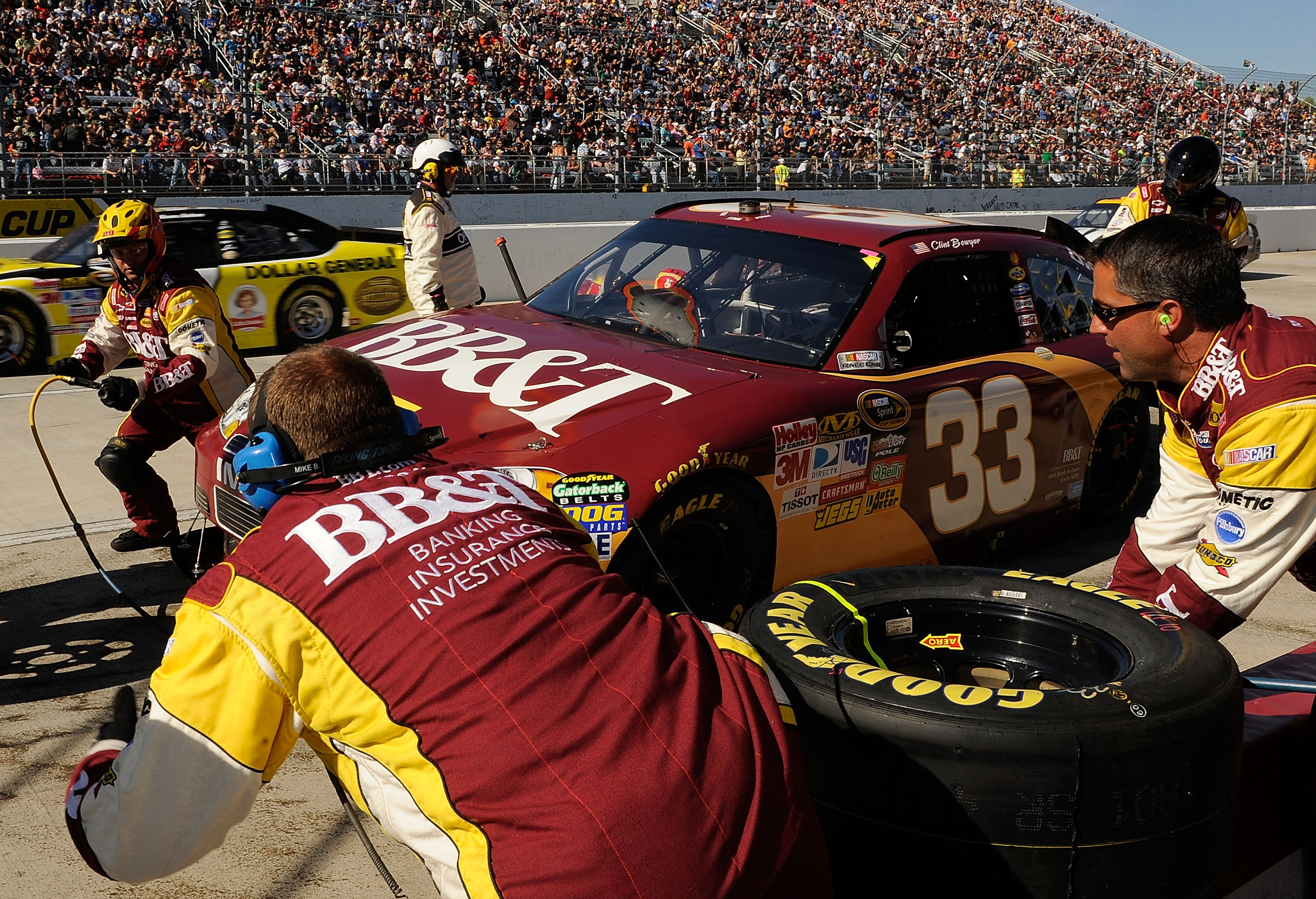MARTINSVILLE, VA - OCTOBER 24:  Clint Bowyer, driver of the #33 BB&T Chevrolet, pits during the NASCAR Sprint Cup Series TUMS Fast Relief 500 at Martinsville Speedway on October 24, 2010 in Martinsville, Virginia.  (Photo by Rusty Jarrett/Getty Images for