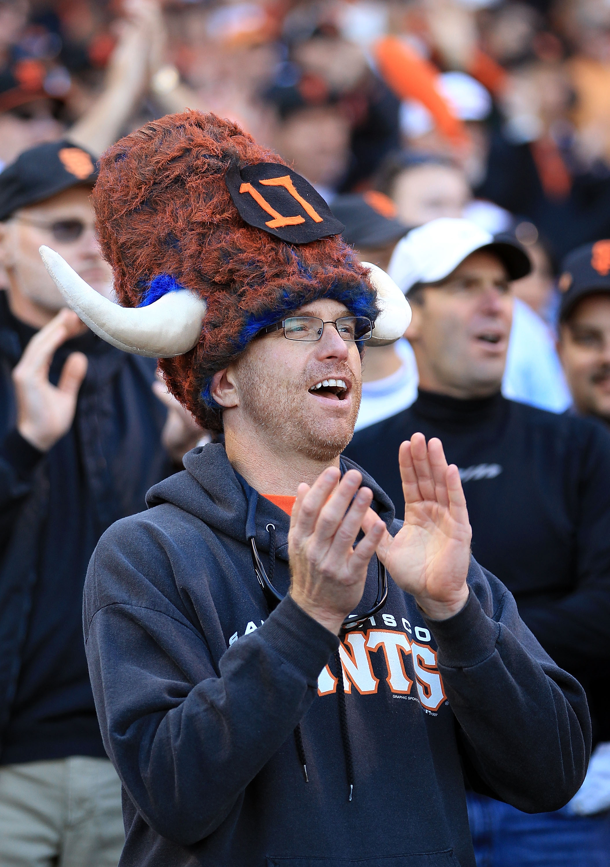 SAN FRANCISCO - OCTOBER 20:  San Francisco Giants fans cheer in Game Four of the NLCS during the 2010 MLB Playoffs against the Philadelphia Phillies at AT&T Park on October 20, 2010 in San Francisco, California.  (Photo by Ezra Shaw/Getty Images)