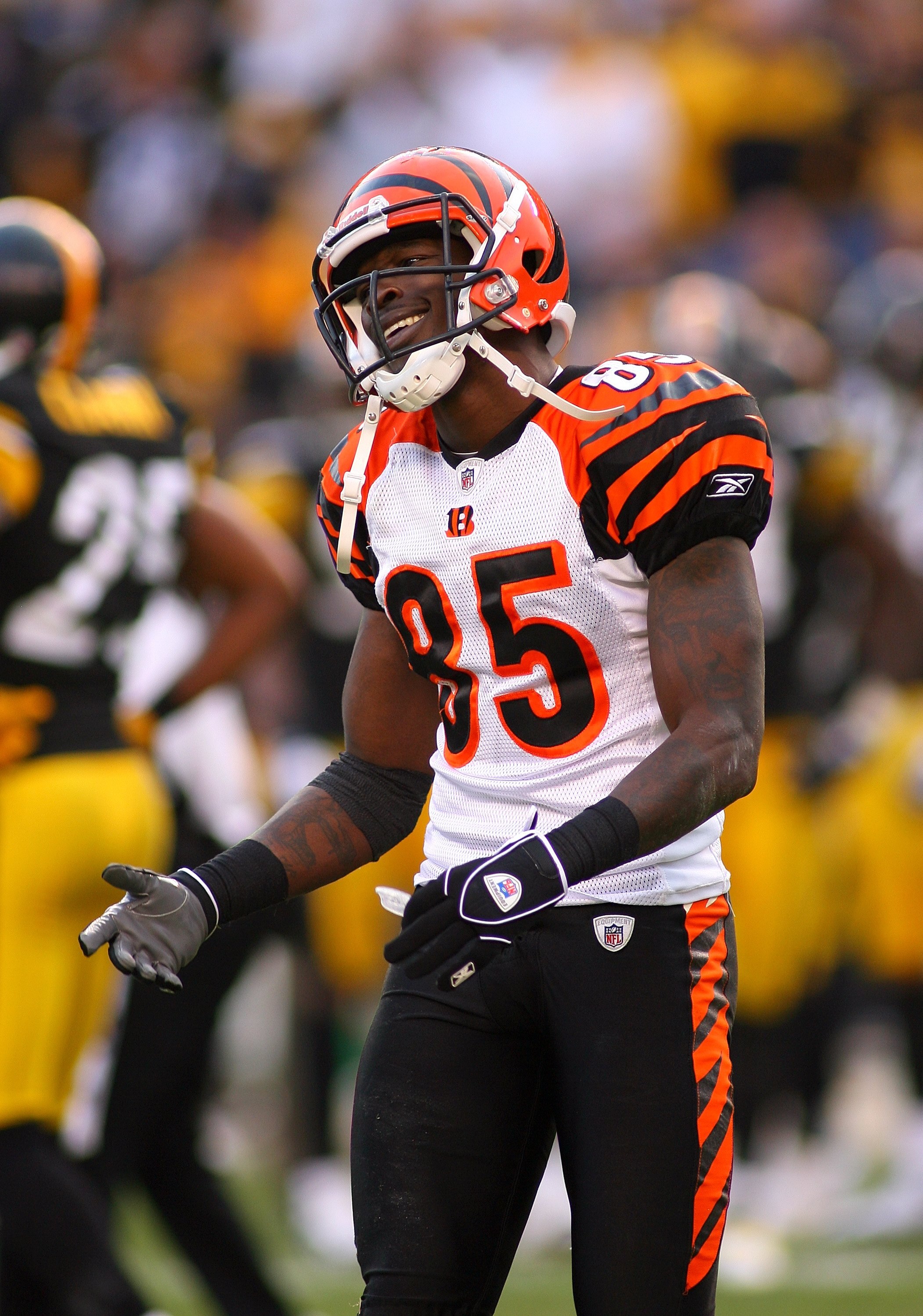 PITTSBURGH - NOVEMBER 15:  Chad Ochocinco #85 of the Cincinnati Bengals reacts after a play during their game against the Pittsburgh Steelers at Heinz Field on November 15, 2009 in Pittsburgh, Pennsylvania. The Bengals defeated the Steelers 18-12. (Photo