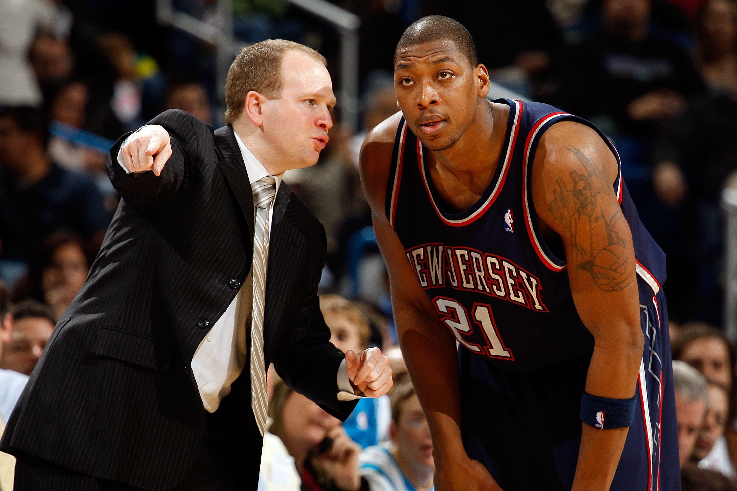 NEW ORLEANS - JANUARY 21: Head coach Lawrence Frank talks with Bobby Simmons #21 of the New Jersey Nets against the New Orleans Hornets on January 21, 2009 at the New Orleans Arena in New Orleans, Louisiana. The Hornets defeated the Nets 102-92.   NOTE TO