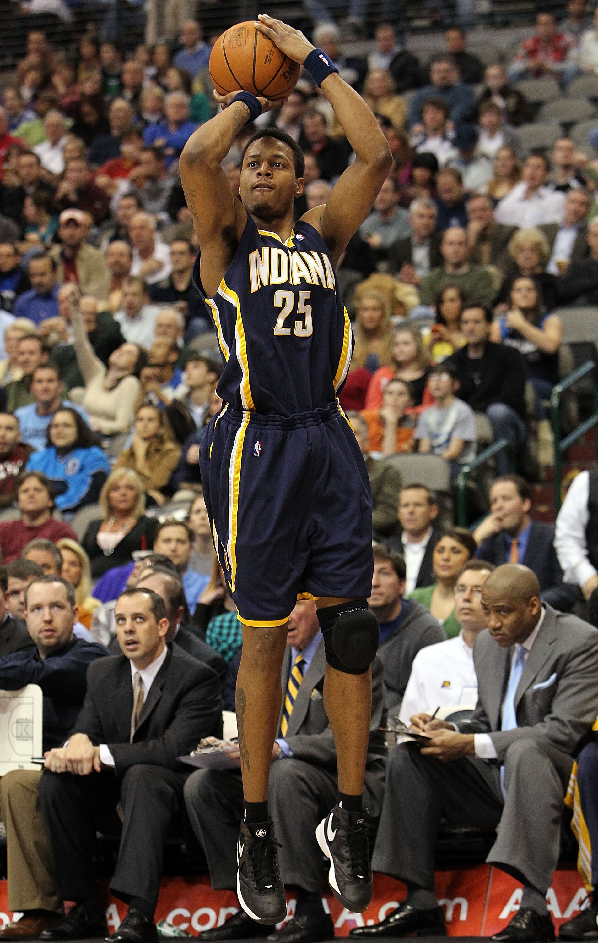 DALLAS - FEBRUARY 22:  Guard Brandon Rush #25 of the Indiana Pacers takes a shot against the Dallas Mavericks on February 22, 2010 at American Airlines Center in Dallas, Texas.  NOTE TO USER: User expressly acknowledges and agrees that, by downloading and