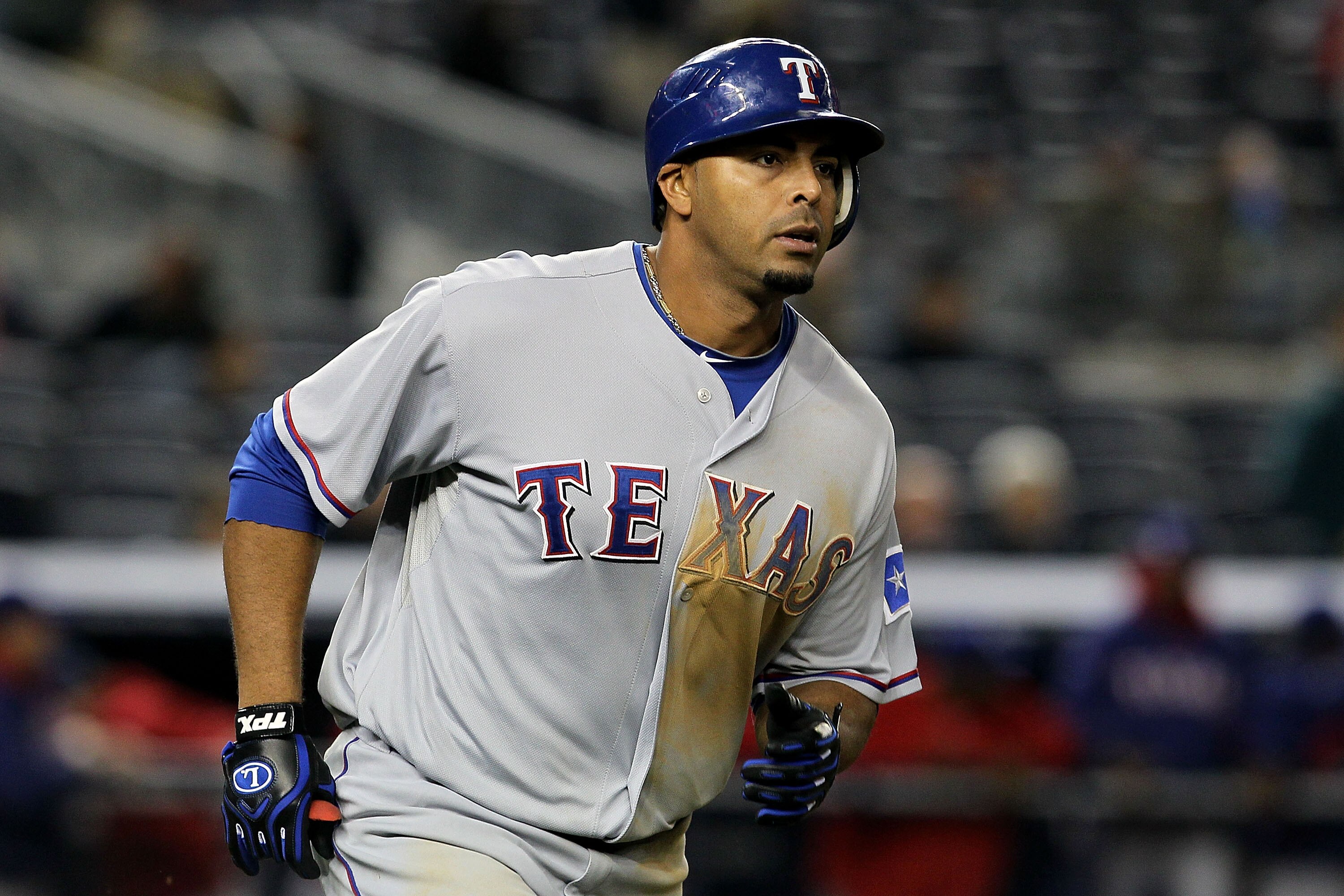 NEW YORK - OCTOBER 19:  Nelson Cruz #17 of the Texas Rangers runs the bases on his 2-run home run in the top of the ninth inning against the New York Yankees  in Game Four of the ALCS during the 2010 MLB Playoffs at Yankee Stadium on October 19, 2010 in t