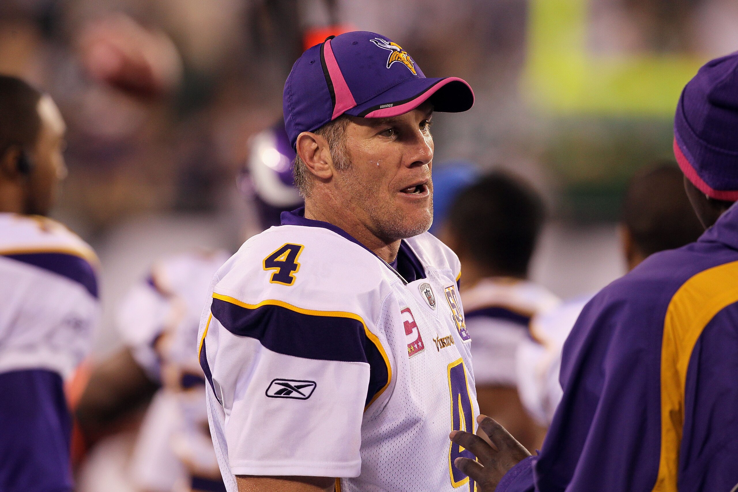 EAST RUTHERFORD, NJ - OCTOBER 11:  Brett Favre #4 of the Minnesota Vikings looks on against the New York Jets at New Meadowlands Stadium on October 11, 2010 in East Rutherford, New Jersey. The Jets won 29-20.  (Photo by Jim McIsaac/Getty Images)