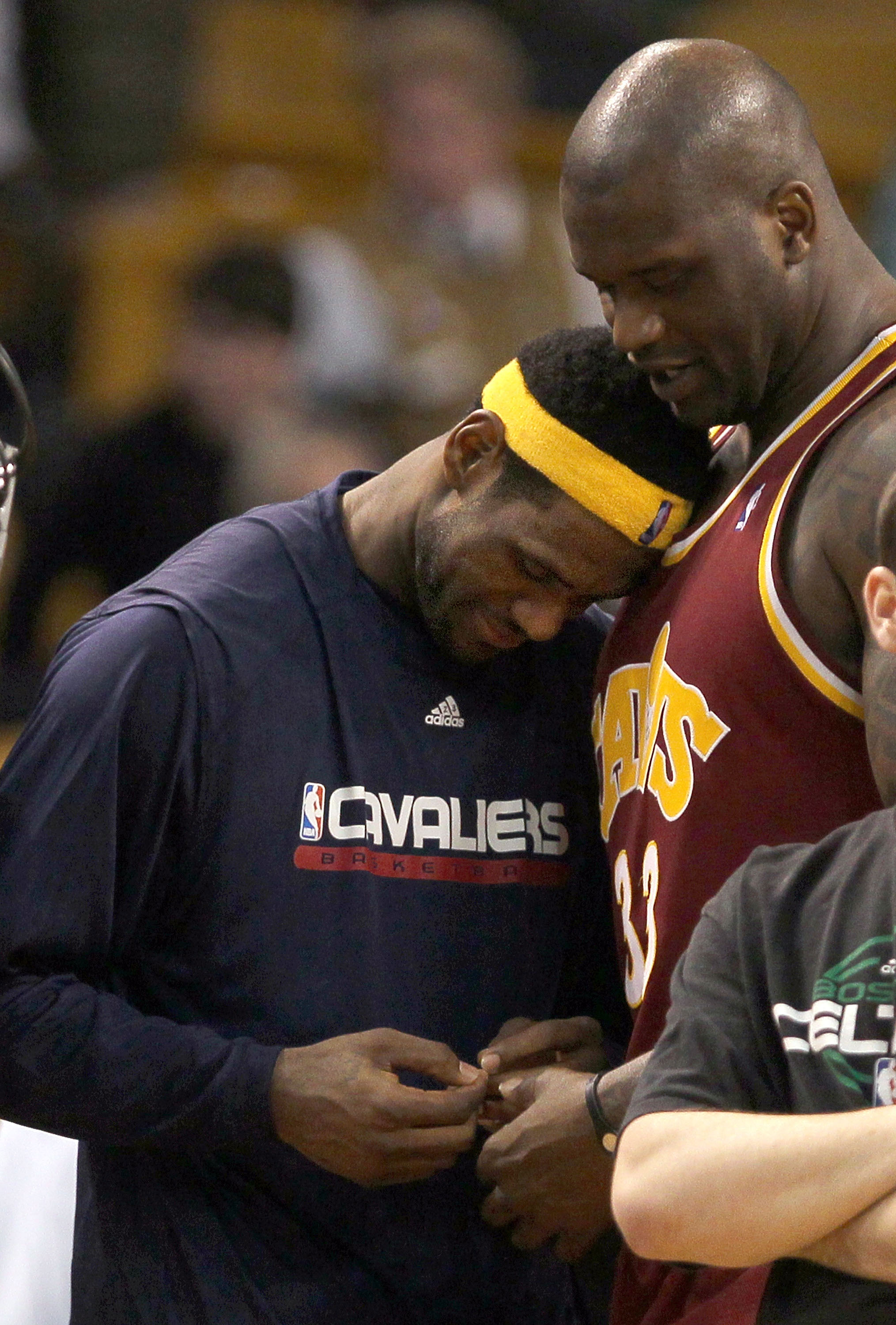 BOSTON - MAY 07:  LeBron James #23 and Shaquille O'Neal #33 of the Cleveland Cavaliers pause near the end of a win against  the Boston Celtics in Game Three of the Eastern Conference Semifinals of the 2010 NBA Playoffs at TD Banknorth Garden on May 7, 201