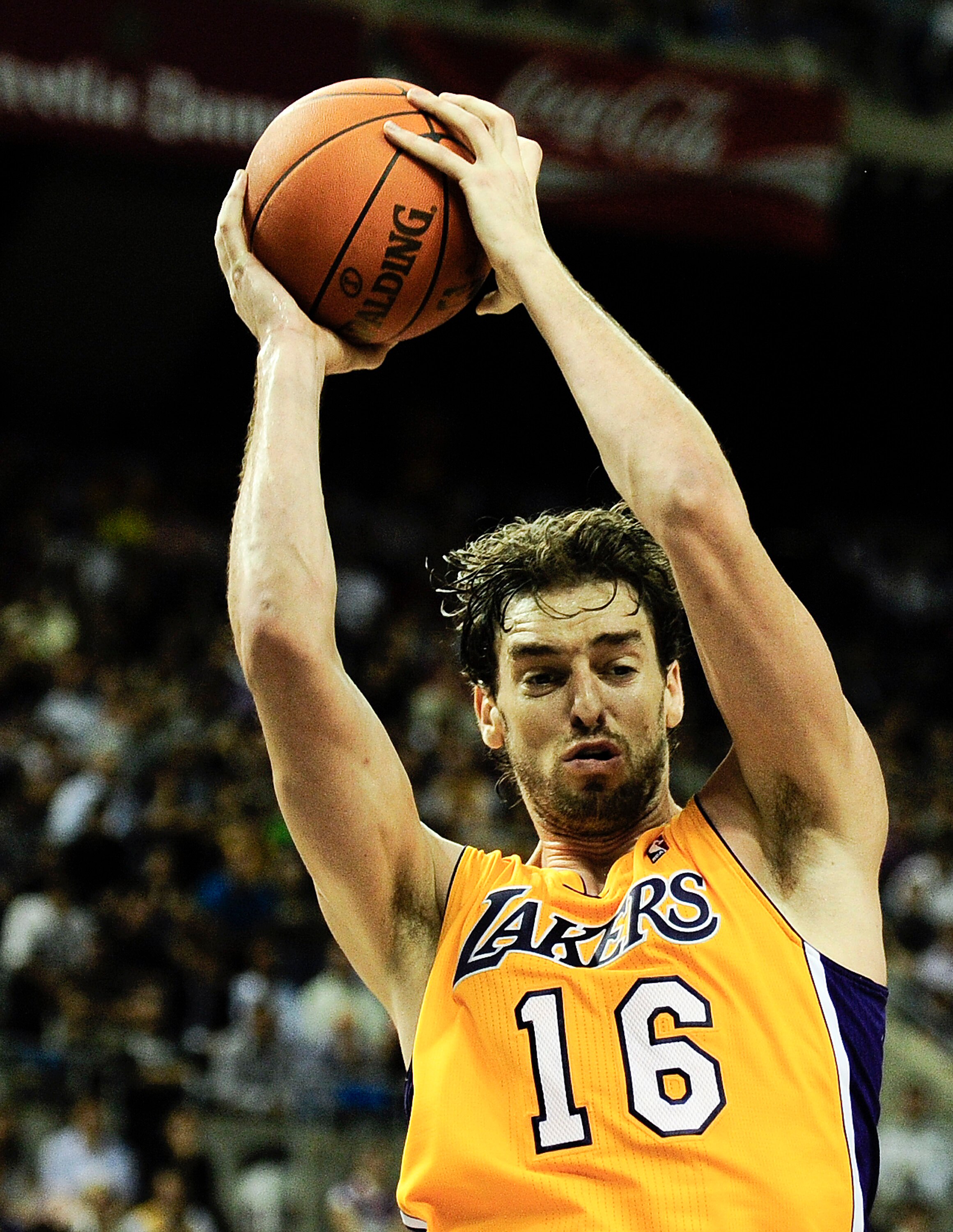 BARCELONA, SPAIN - OCTOBER 07:  Pau Gasol #16 of the Los Angeles Lakers grabs a rebound during the NBA Europe Live match between Los Angeles Lakers and Regal FC Barcelona at the at Palau Blaugrana on October 7, 2010 in Barcelona, Spain.  (Photo by David R