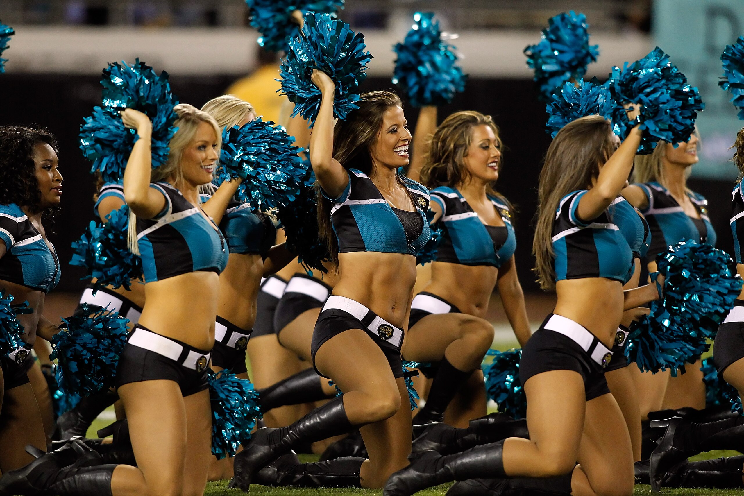 JACKSONVILLE, FL - OCTOBER 18:  Cheerleaders of the Jacksonville Jaguars perform during the game against the Tennessee Titans during the game at EverBank Field on October 18, 2010 in Jacksonville, Florida.  (Photo by J. Meric/Getty Images)