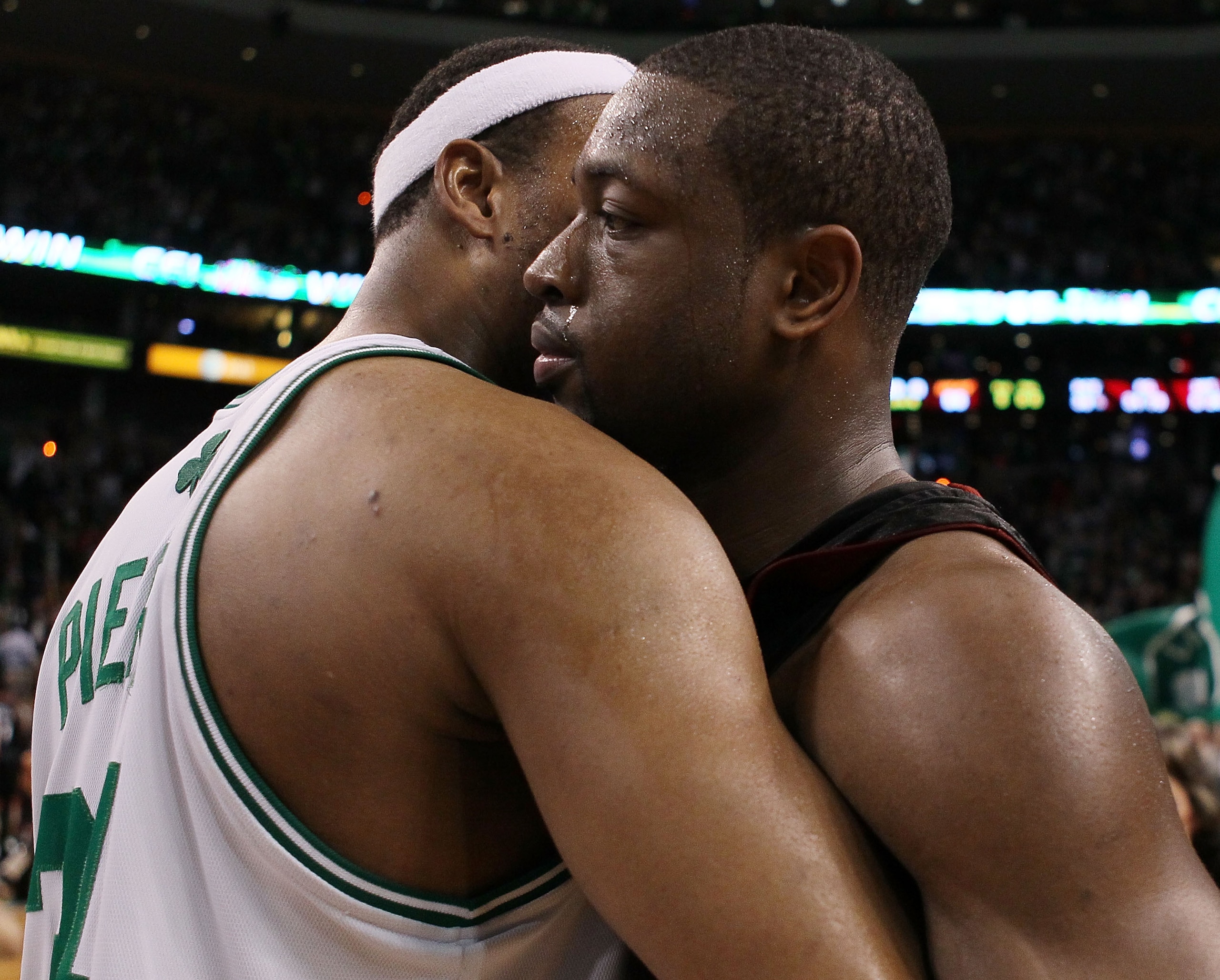 BOSTON - APRIL 27: Dwyane Wade #3 of the Miami Heat congratulates Paul Pierce #34 of the Boston Celtics after Game Five of the Eastern Conference Quarterfinals of the 2010 NBA playoffs at the TD Garden on April 27, 2010 in Boston, Massachusetts. The Celt BOSTON - APRIL 27: Dwyane Wade #3 of the Miami Heat congratulates Paul Pierce #34 of the Boston Celtics after Game Five of the Eastern Conference Quarterfinals of the 2010 NBA playoffs at the TD Garden on April 27, 2010 in Boston, Massachusetts. The Celt