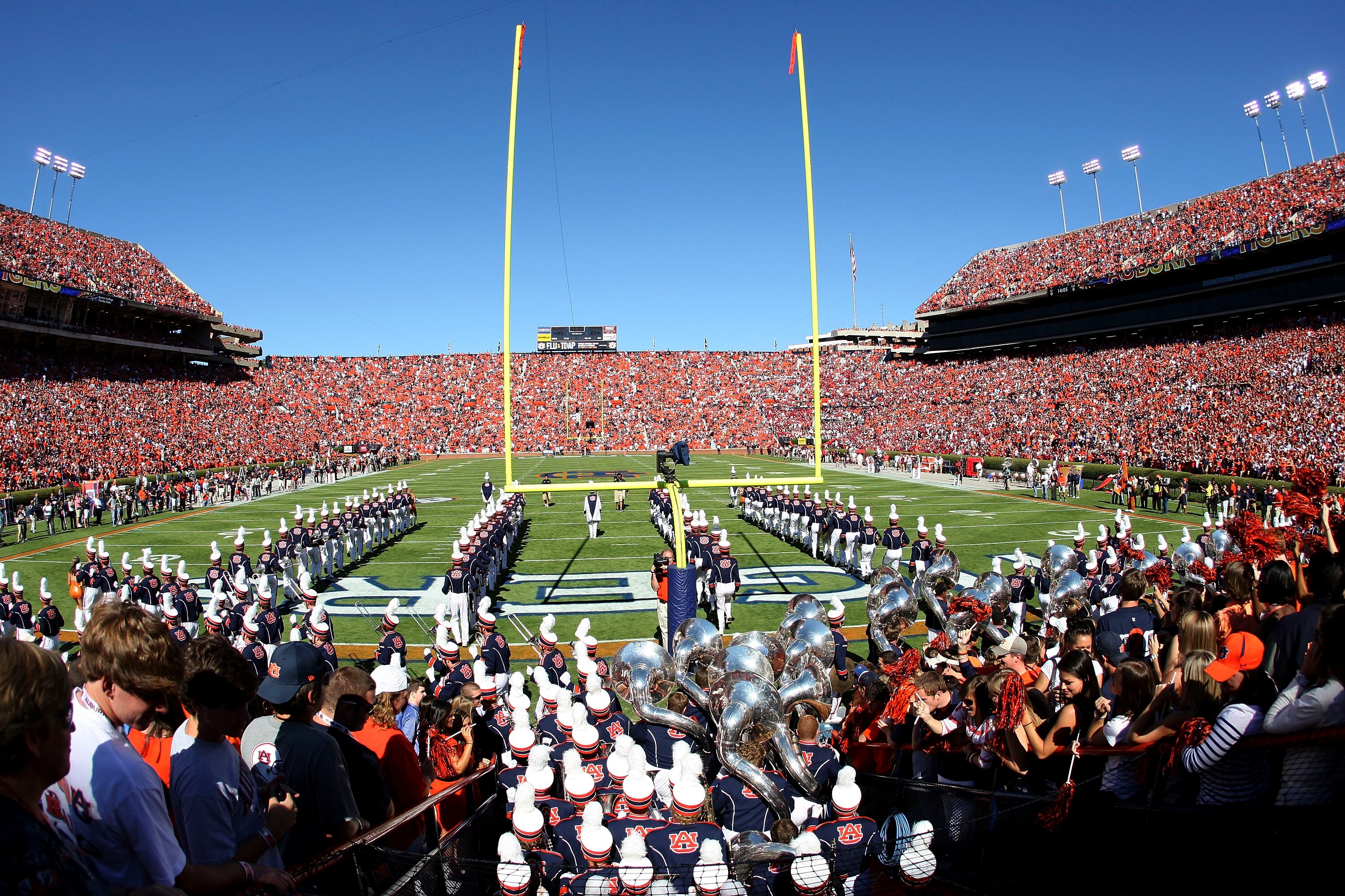 AUBURN - OCTOBER 16:  The Auburn University band comes out of the tunnel before the game between the Arkansas Razorbacks and the Auburn Tigers at Jordan-Hare Stadium on October 16, 2010 in Auburn, Alabama.  (Photo by Mike Zarrilli/Getty Images)