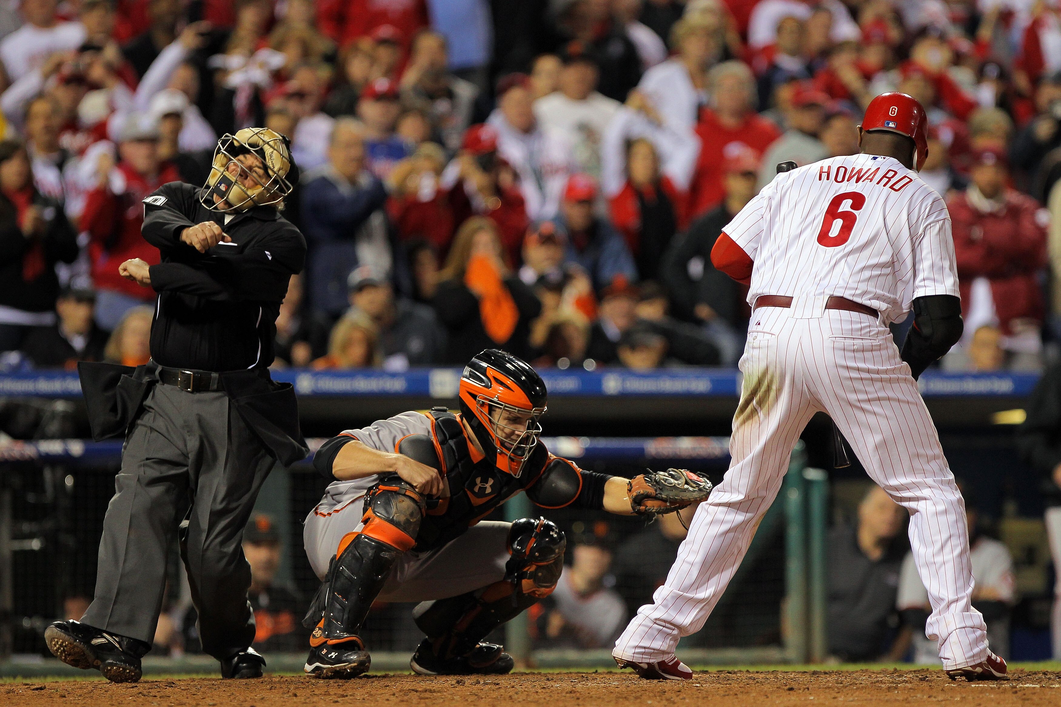 PHILADELPHIA - OCTOBER 23:  Ryan Howard #6 of the Philadelphia Phillies takes a called third strike to end the game and lose to the San Francisco Giants in Game Six of the NLCS during the 2010 MLB Playoffs at Citizens Bank Park on October 23, 2010 in Phil