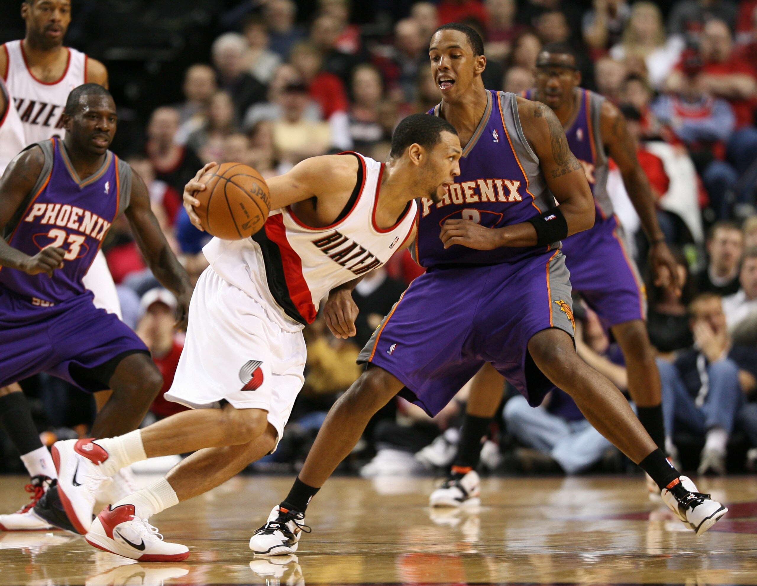 PORTLAND, OR - APRIL 29: Brandon Roy #7 of the Portland Trail Blazers in action against Channing Frye #8 of the Phoenix Suns during Game Six of the Western Conference Quarterfinals of the NBA Playoffs on April 29, 2010 at the Rose Garden in Portland, Ore PORTLAND, OR - APRIL 29: Brandon Roy #7 of the Portland Trail Blazers in action against Channing Frye #8 of the Phoenix Suns during Game Six of the Western Conference Quarterfinals of the NBA Playoffs on April 29, 2010 at the Rose Garden in Portland, Ore