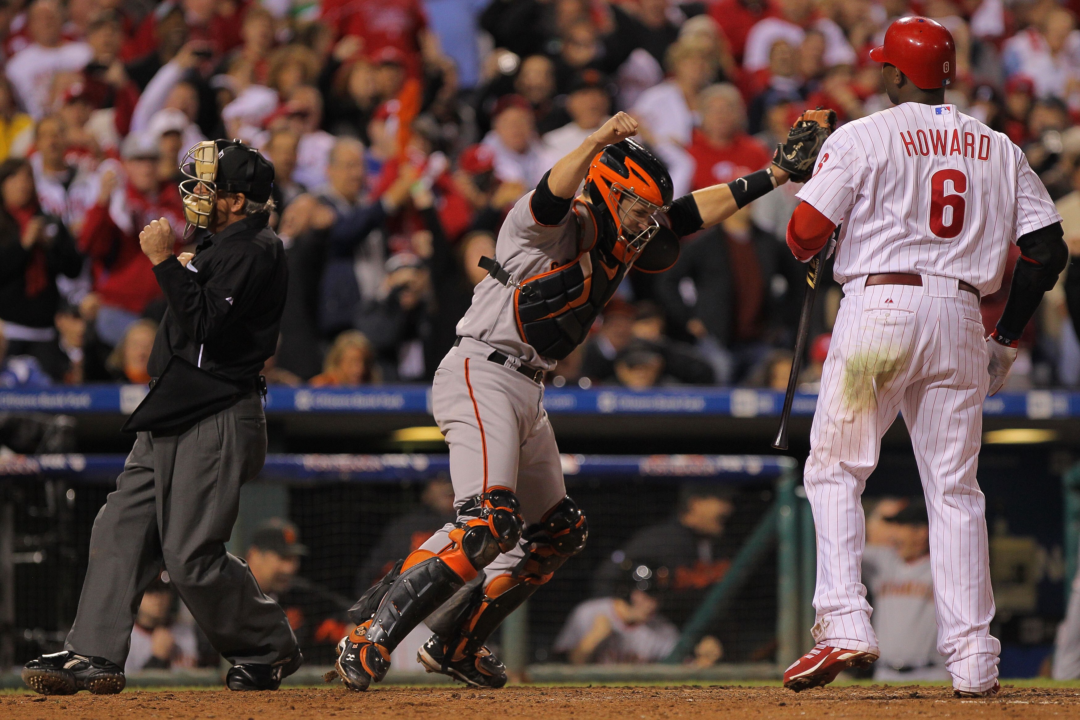 PHILADELPHIA - OCTOBER 23:  Ryan Howard #6 of the Philadelphia Phillies takes a called third strike to end the game and lose to the San Francisco Giants in Game Six of the NLCS during the 2010 MLB Playoffs at Citizens Bank Park on October 23, 2010 in Phil