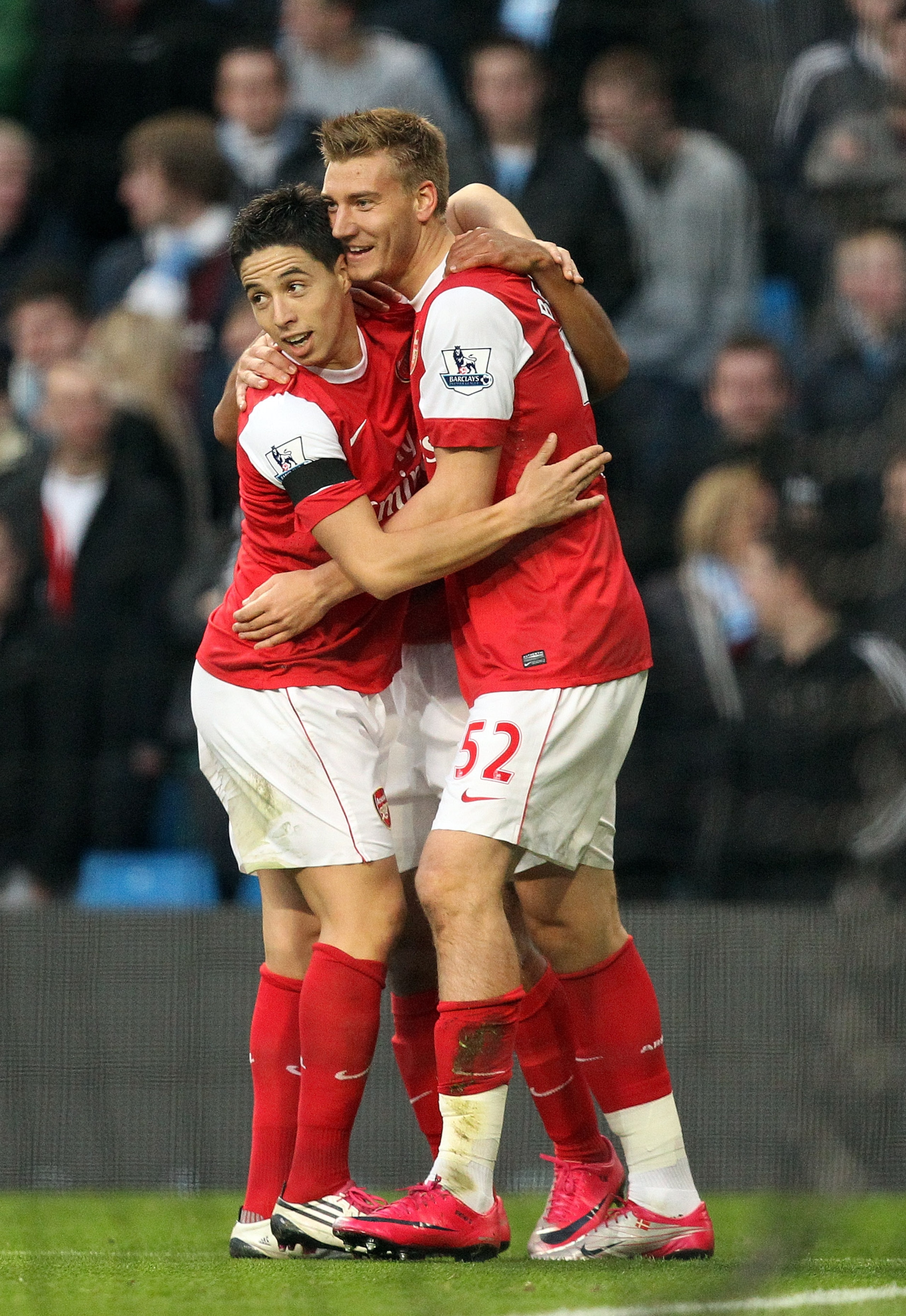 MANCHESTER, ENGLAND - OCTOBER 24:  Nicklas Bendtner of Arsenal celebrates scoring the third goal during the Barclays Premier League match between Manchester City and Arsenal at City of Manchester Stadium on October 24, 2010 in Manchester, England.  (Photo