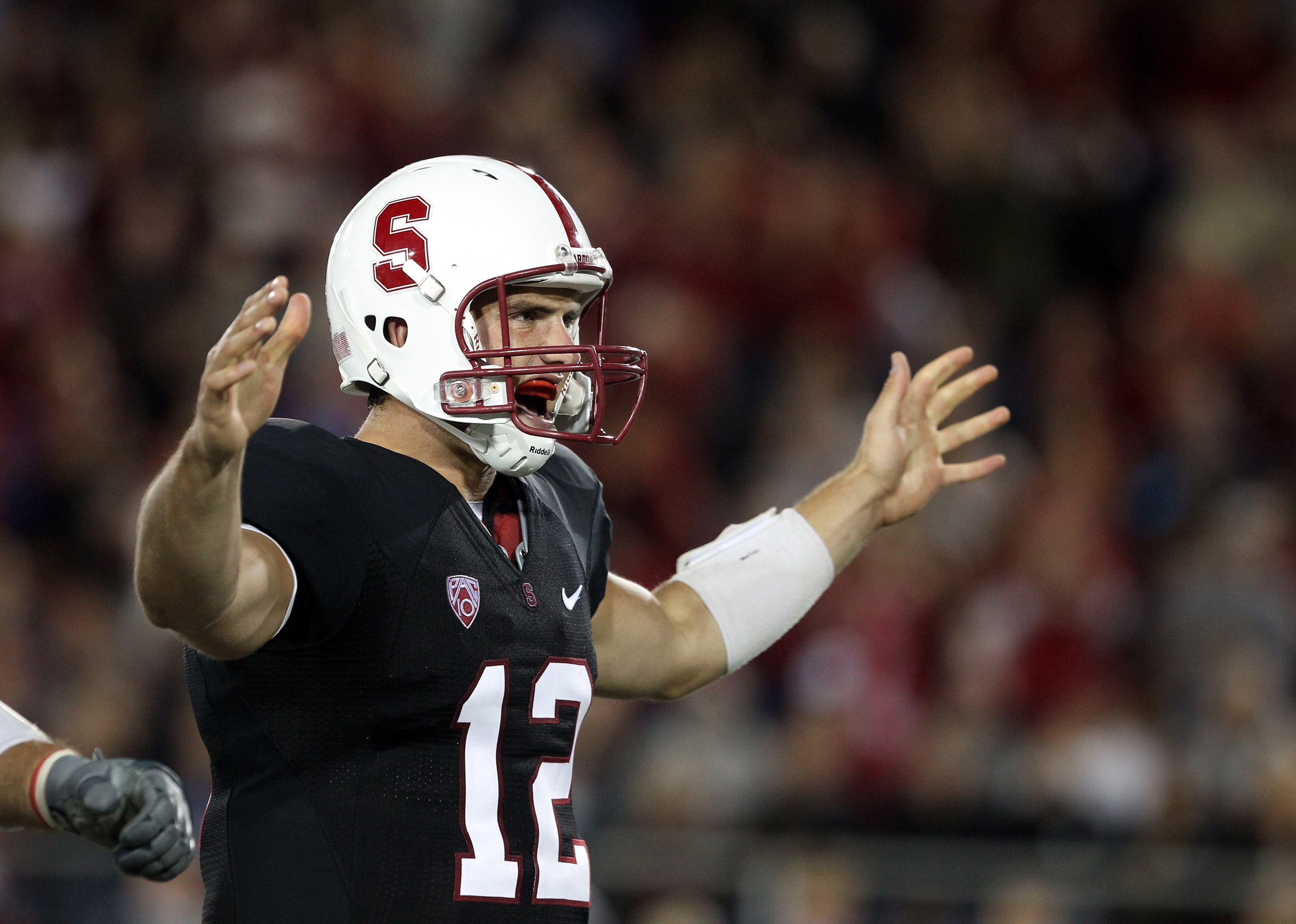 PALO ALTO, CA - SEPTEMBER 18:  Andrew Luck #12 of the Stanford Cardinal celebrates after a touchdown against the Wake Forest Demon Deacons at Stanford Stadium on September 18, 2010 in Palo Alto, California.  (Photo by Ezra Shaw/Getty Images)