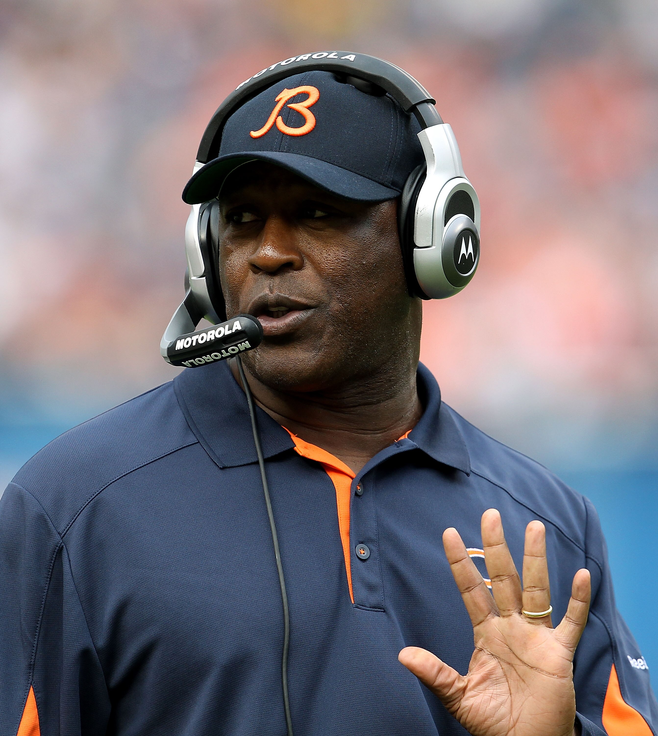 CHICAGO - OCTOBER 24: Head coach Lovie Smith of the Chicago Bears gives instructions during a game against the Washington Redskins at Soldier Field on October 24, 2010 in Chicago, Illinois. The Redskins defeated the Bears 17-14. (Photo by Jonathan Daniel/
