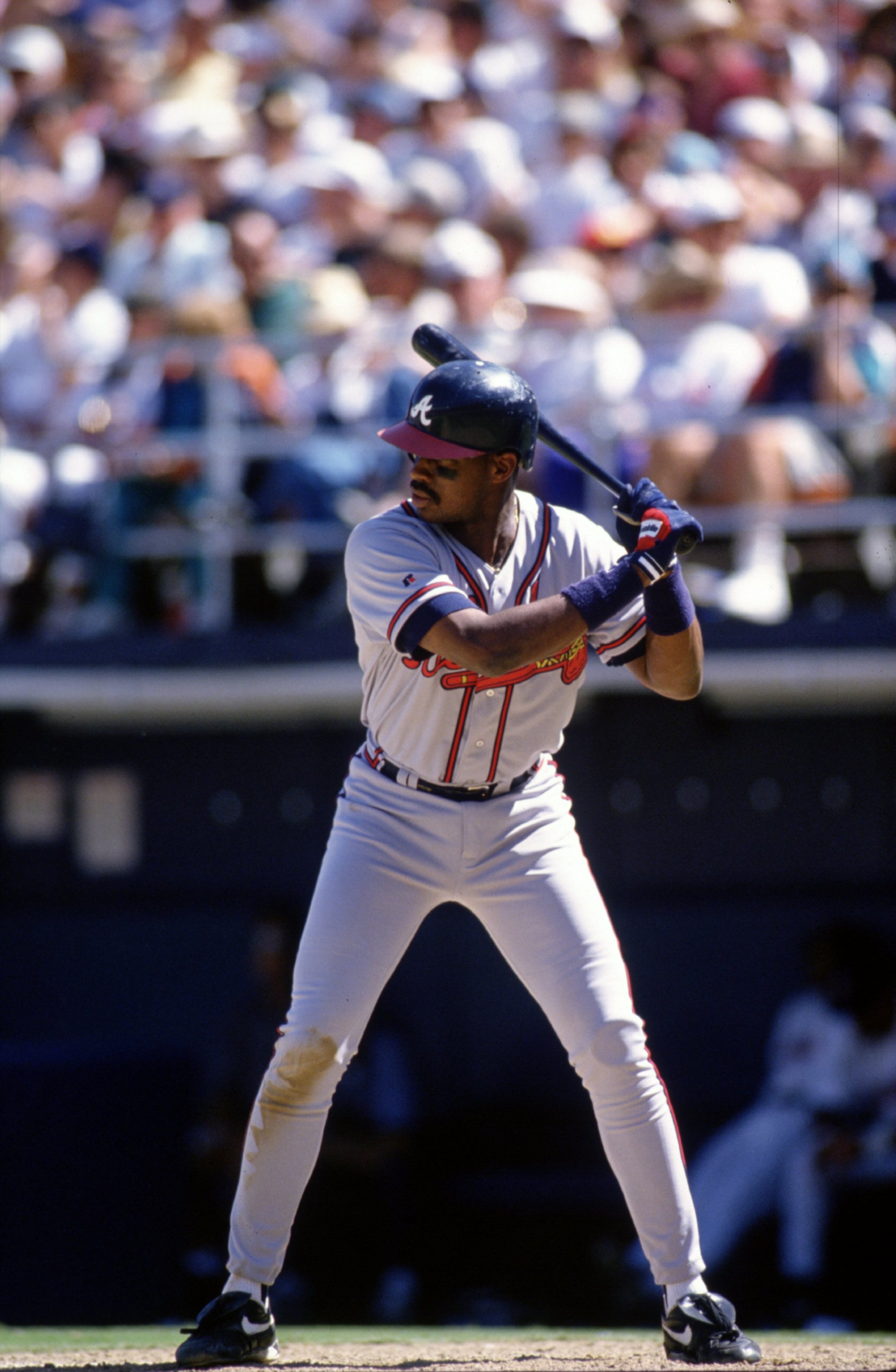 14  Apr 1996:  First baseman Fred McGriff of the Atlanta Braves stares back at the pitchers mound as he awaits the ball during an at-bat in the Braves 4-0 victory over the San Diego Padres at Jack Murphy Stadium in San Diego, California.    Mandatory Cred