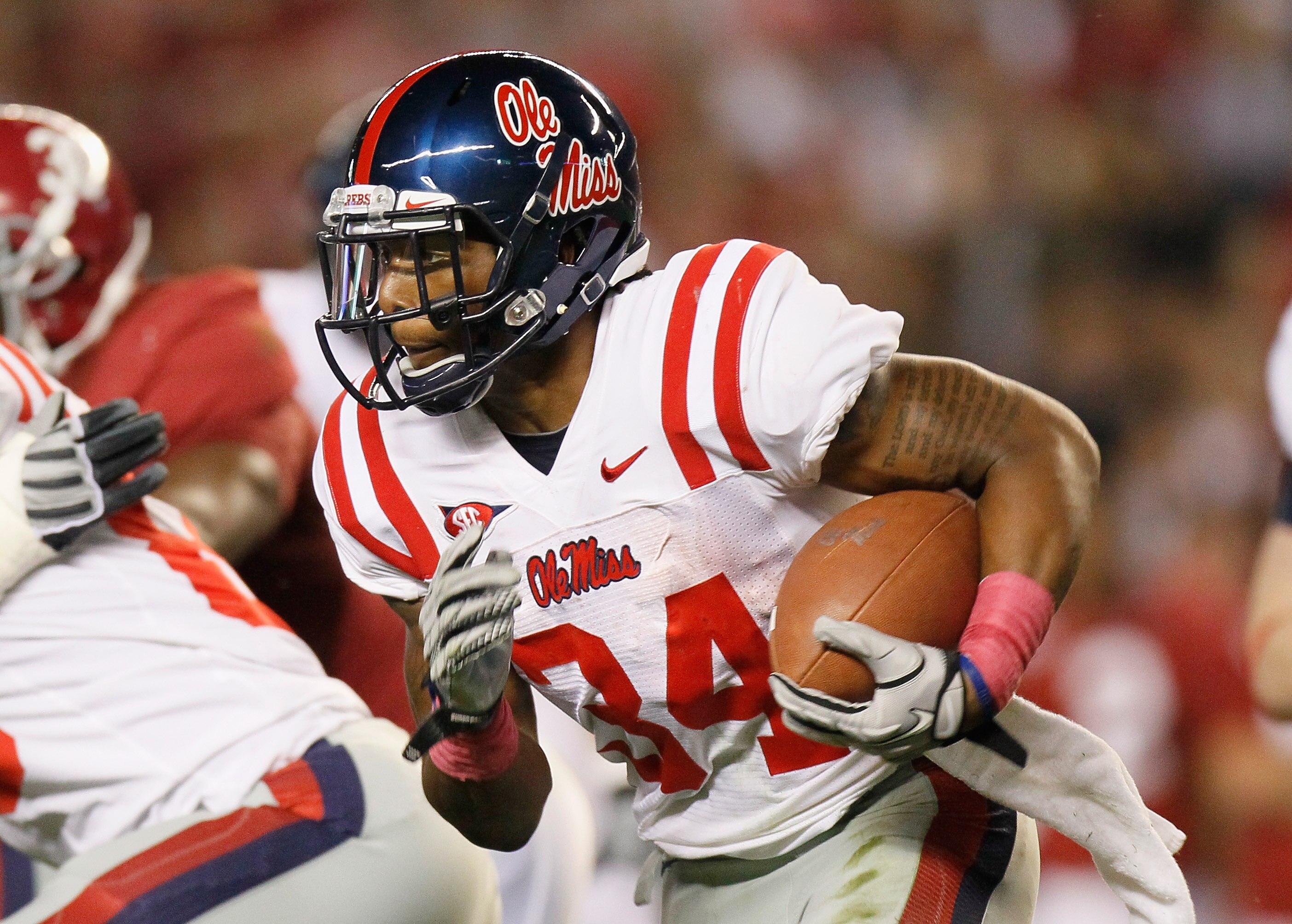 TUSCALOOSA, AL - OCTOBER 16:  Brandon Bolden #34 of the Ole Miss Rebels rushes upfield against the Alabama Crimson Tide at Bryant-Denny Stadium on October 16, 2010 in Tuscaloosa, Alabama.  (Photo by Kevin C. Cox/Getty Images)